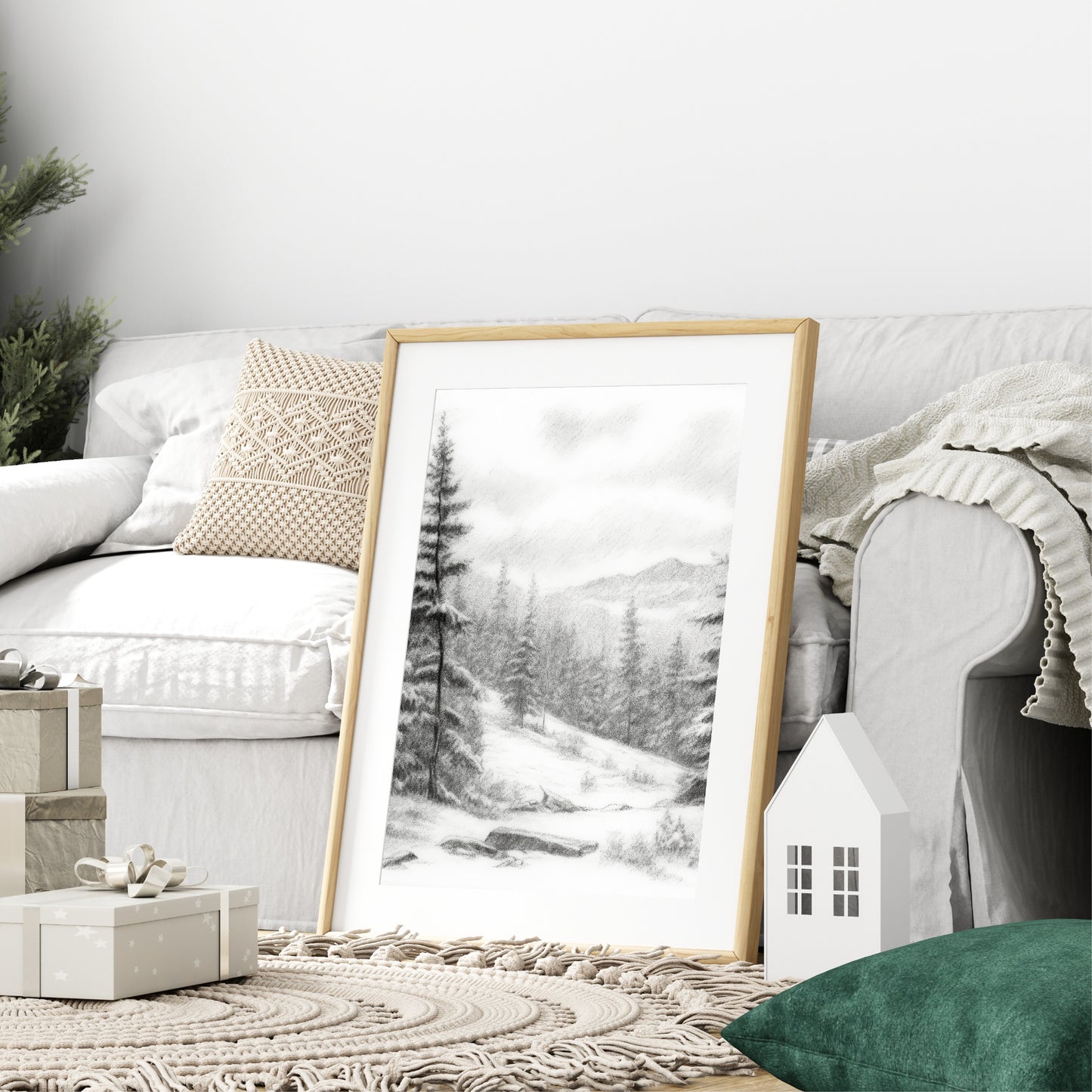 Winter Landscape Print | Snowy Trees & Mountain Wall Art
