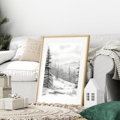 Winter Landscape Print | Snowy Trees & Mountain Wall Art