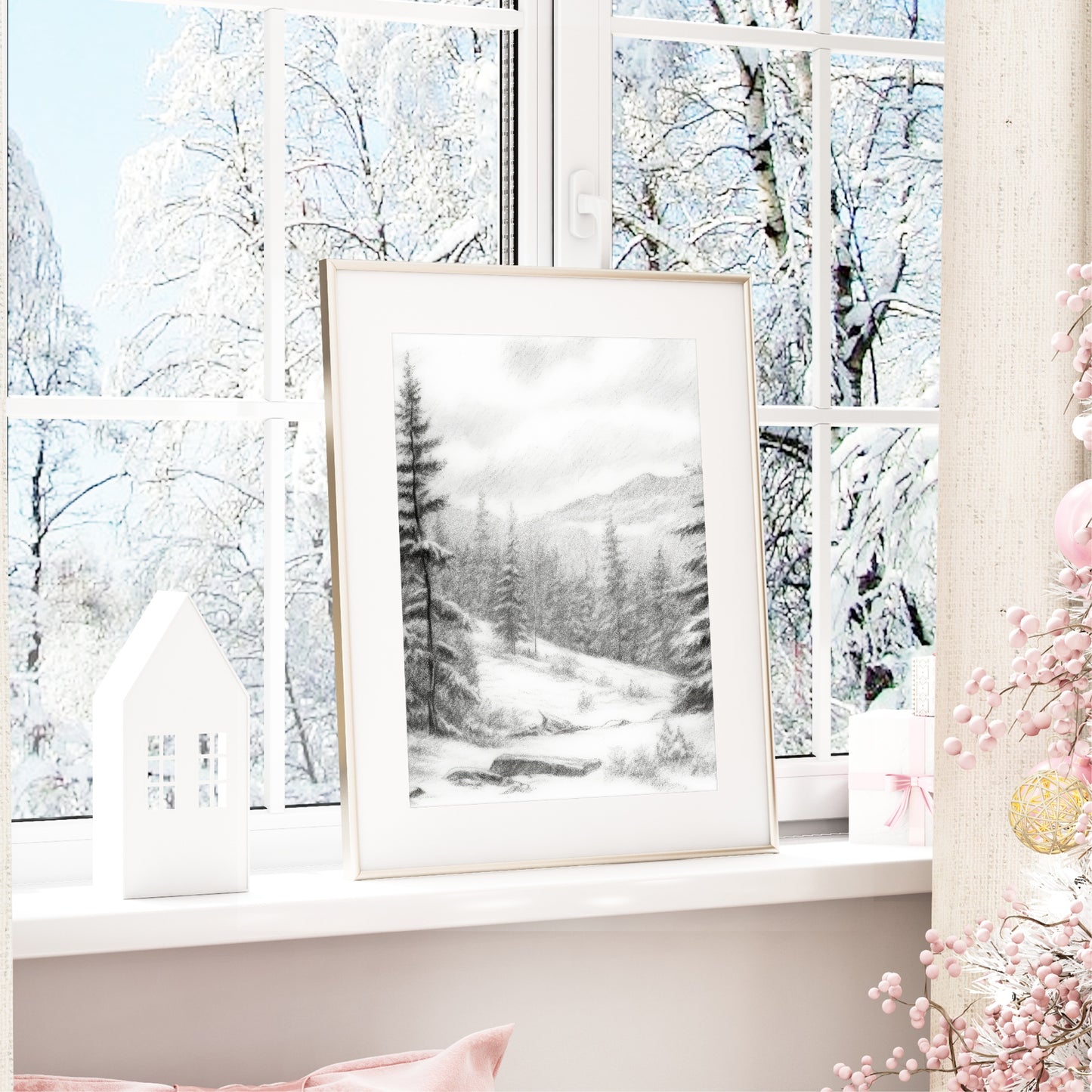 Winter Landscape Print | Snowy Trees & Mountain Wall Art
