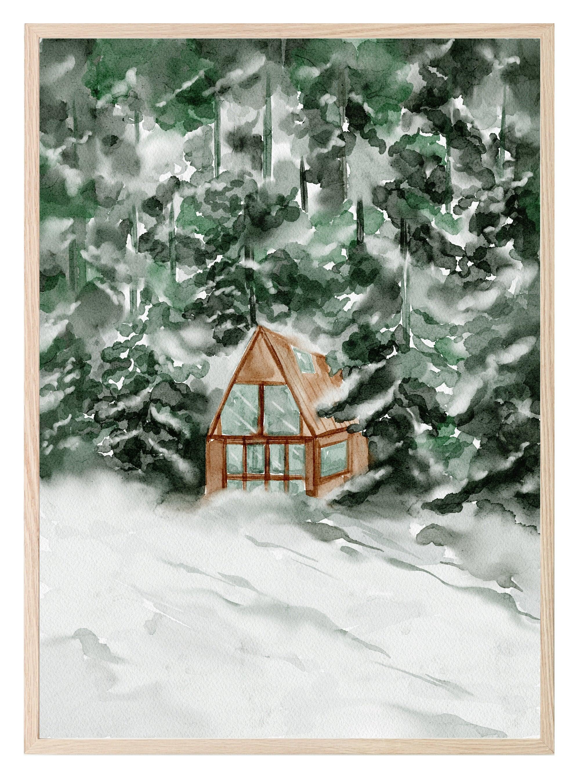 Winter Cabin Print | Snowy Landscape Wall Art - Larosier Prints