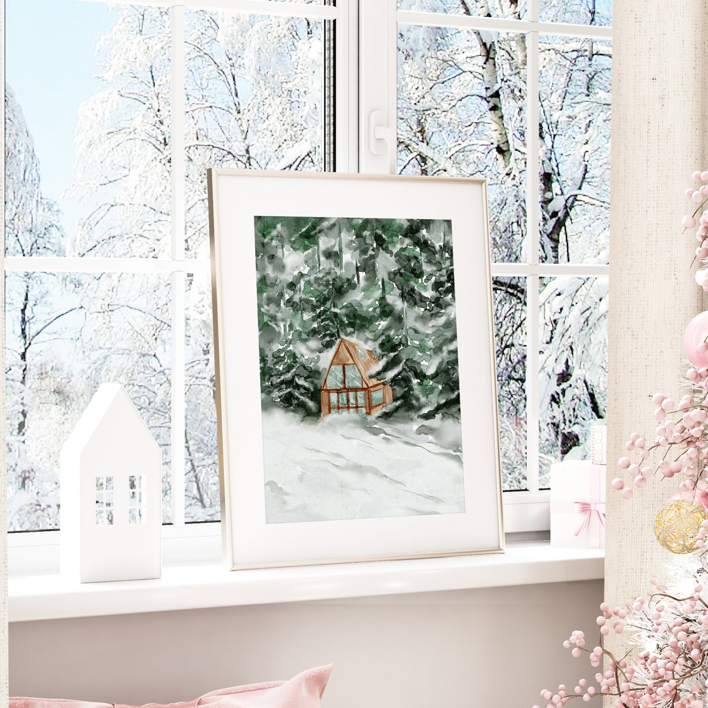 Winter Cabin Print | Snowy Landscape Wall Art