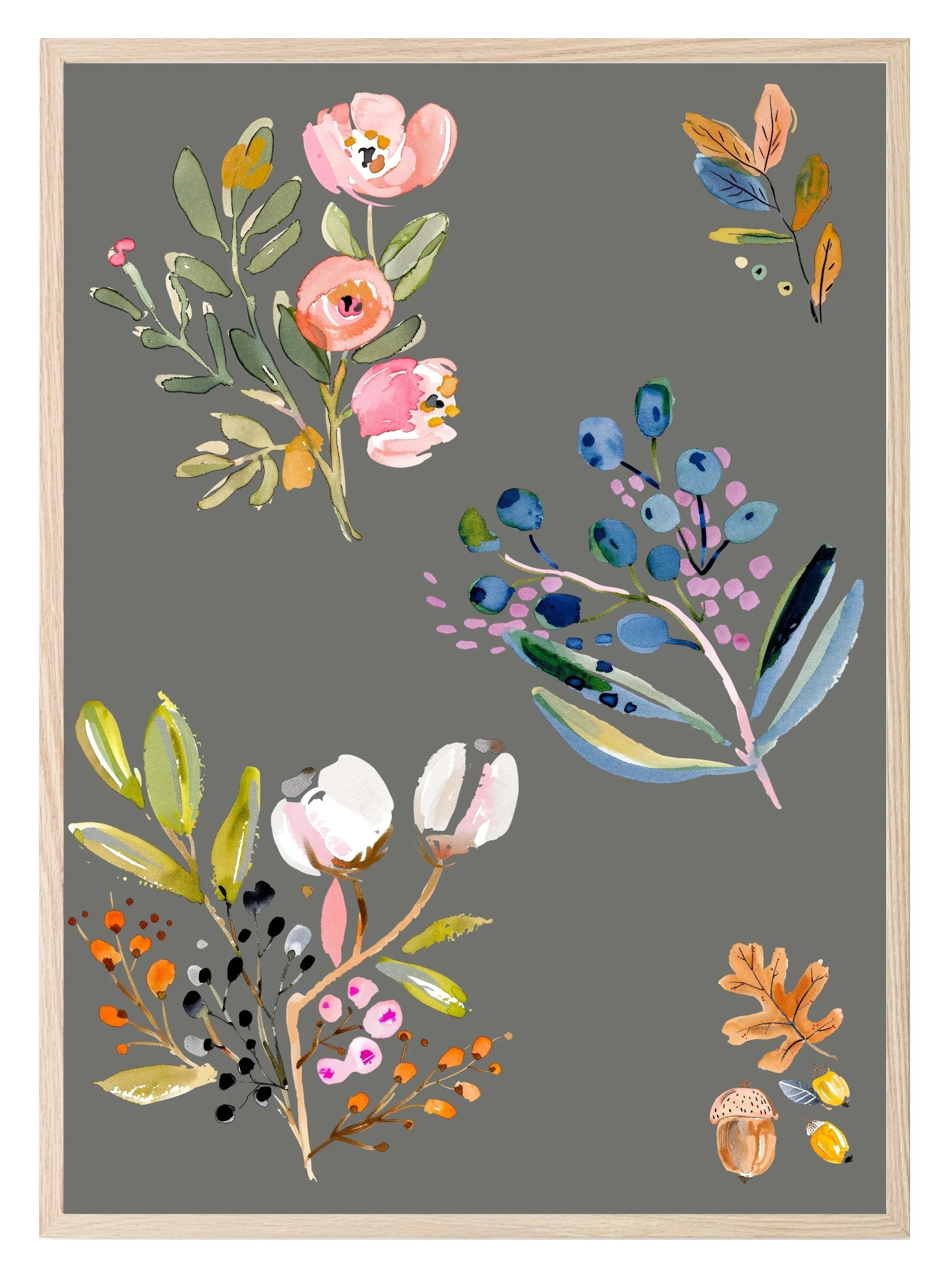 Winter Flowers Print | Floral Wall Art | Grey - Larosier Prints