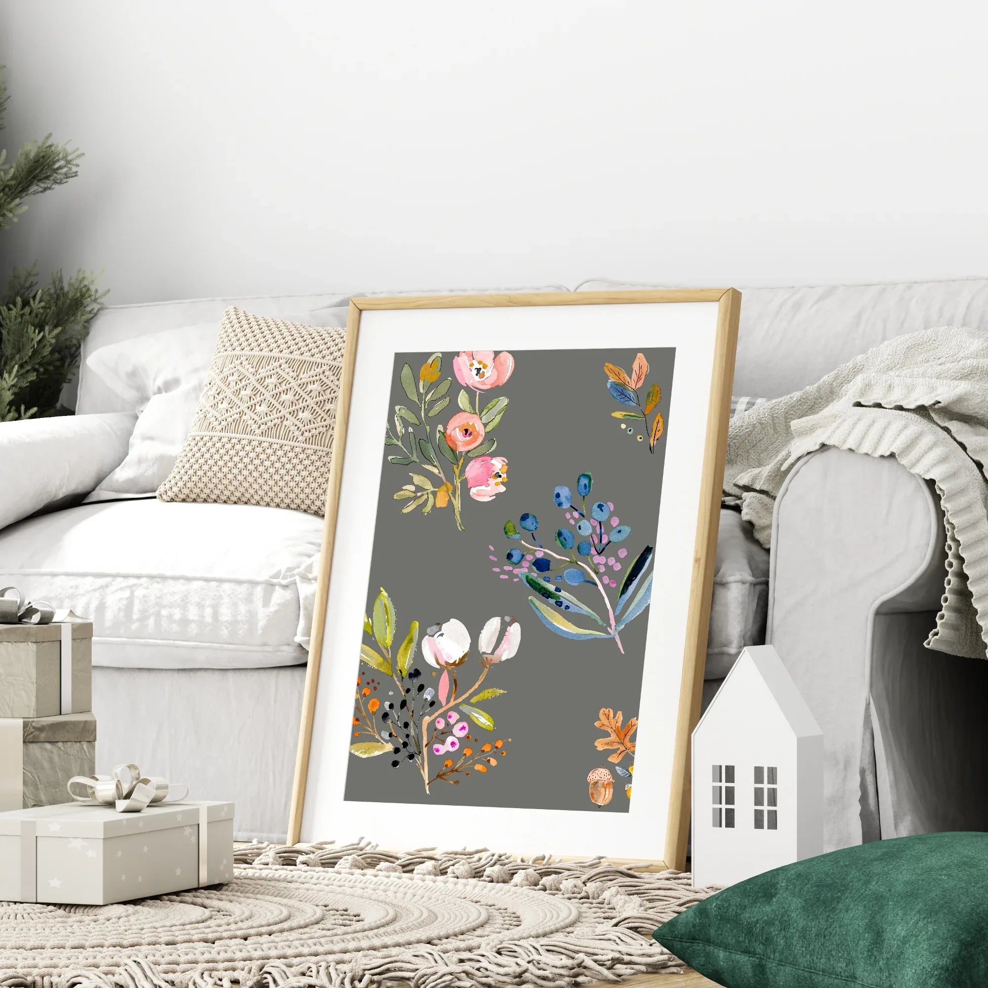 Winter Flowers Print | Floral Wall Art | Grey - Larosier Prints