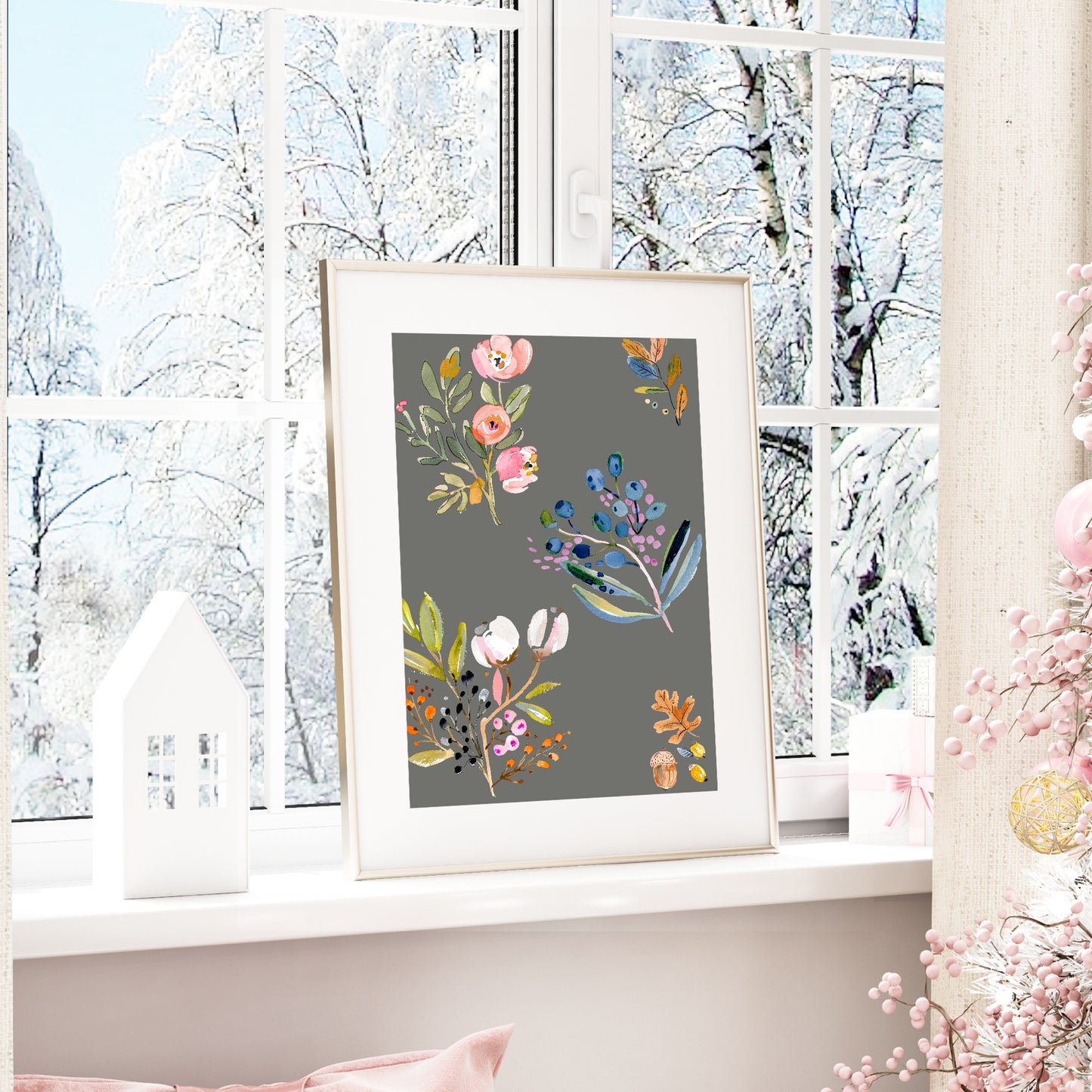 Winter Flowers Print | Floral Wall Art | Grey