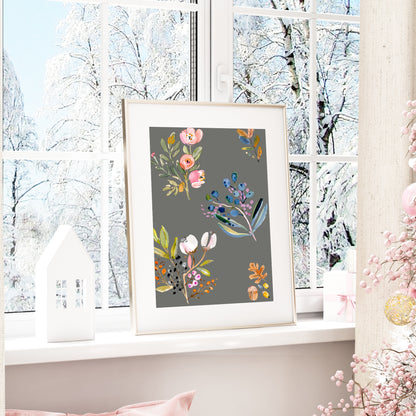Winter Flowers Print | Floral Wall Art | Grey