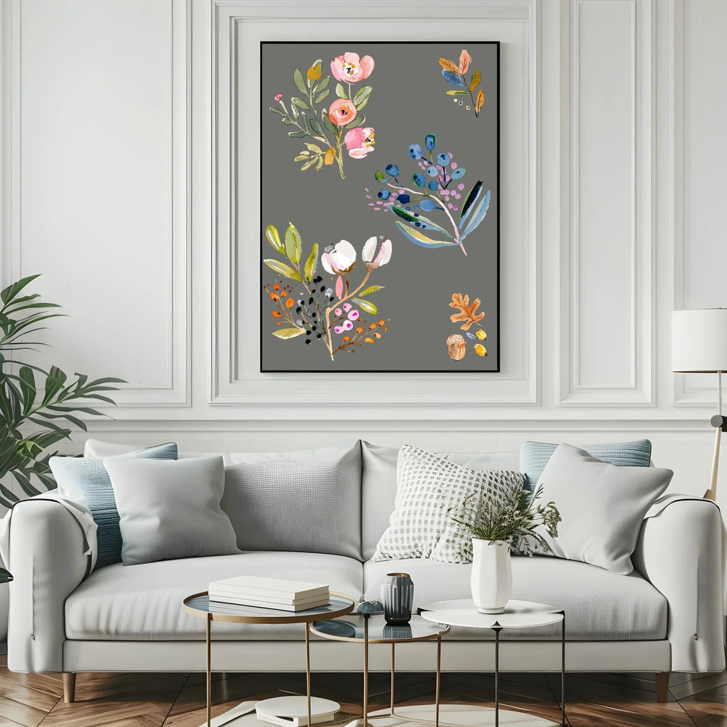Winter Flowers Print | Floral Wall Art | Grey - Larosier Prints