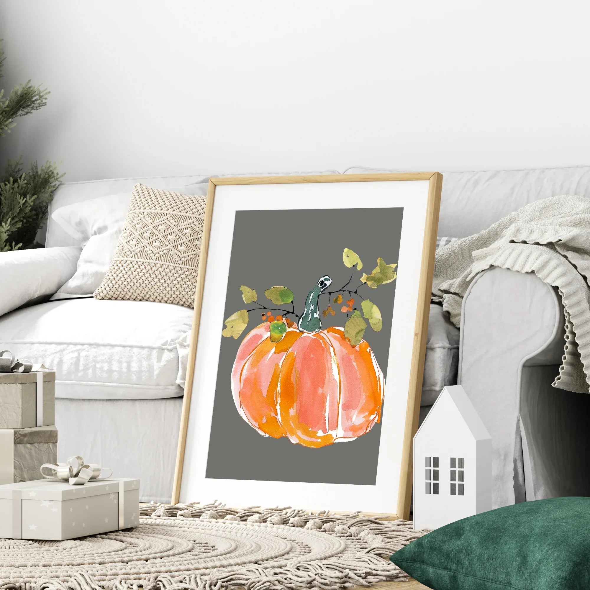 Winter Floral Pumpkin Print | Seasonal Wall Art | Grey - Larosier Prints