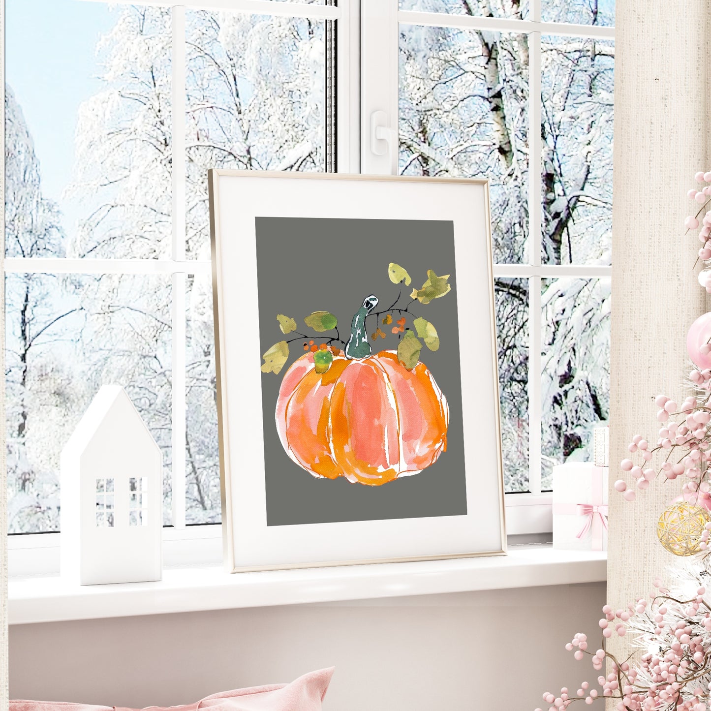 Winter Floral Pumpkin Print | Seasonal Wall Art | Grey