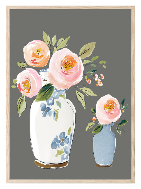 Flowers In Vases Print | Winter Floral Wall Art | Grey