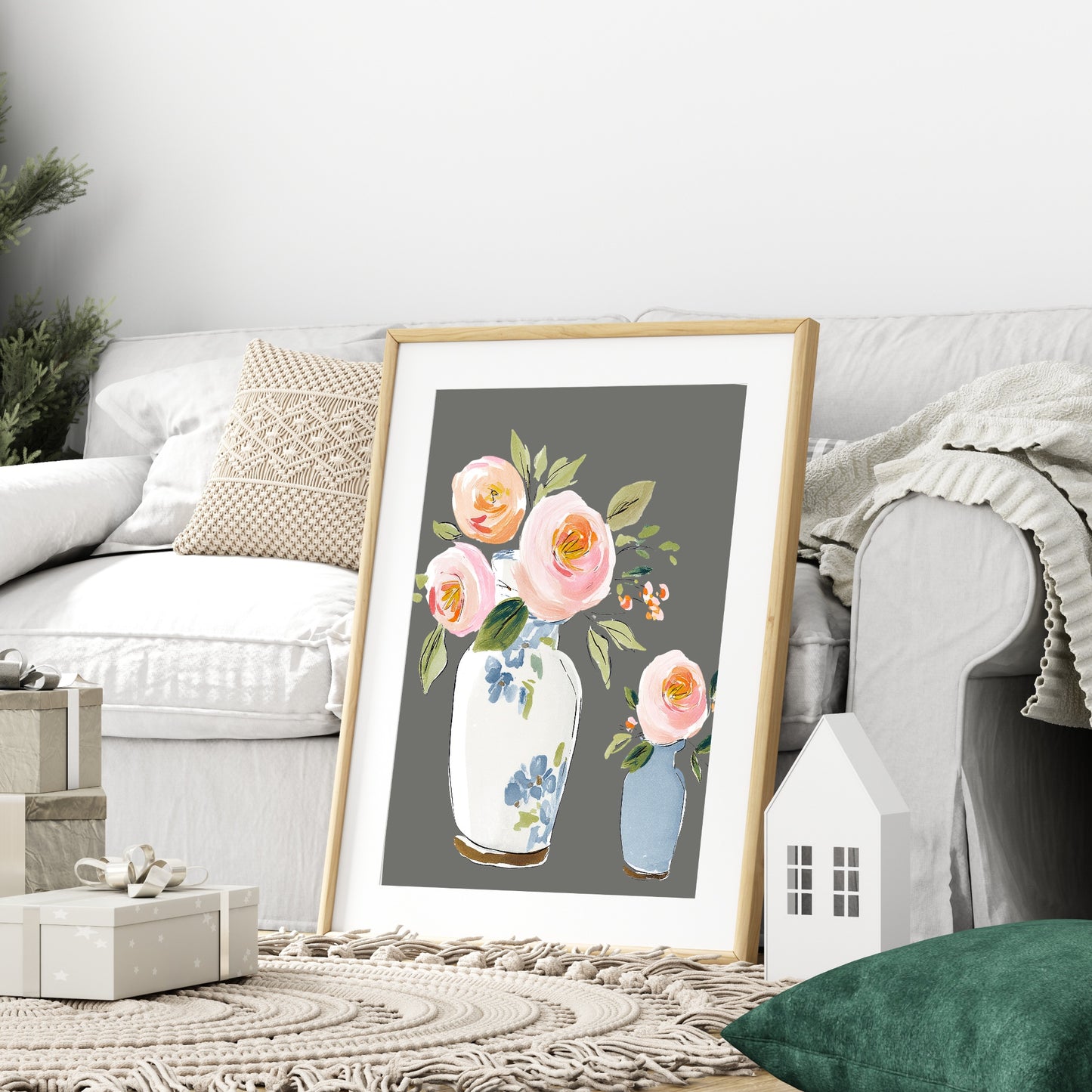 Flowers In Vases Print | Winter Floral Wall Art | Grey