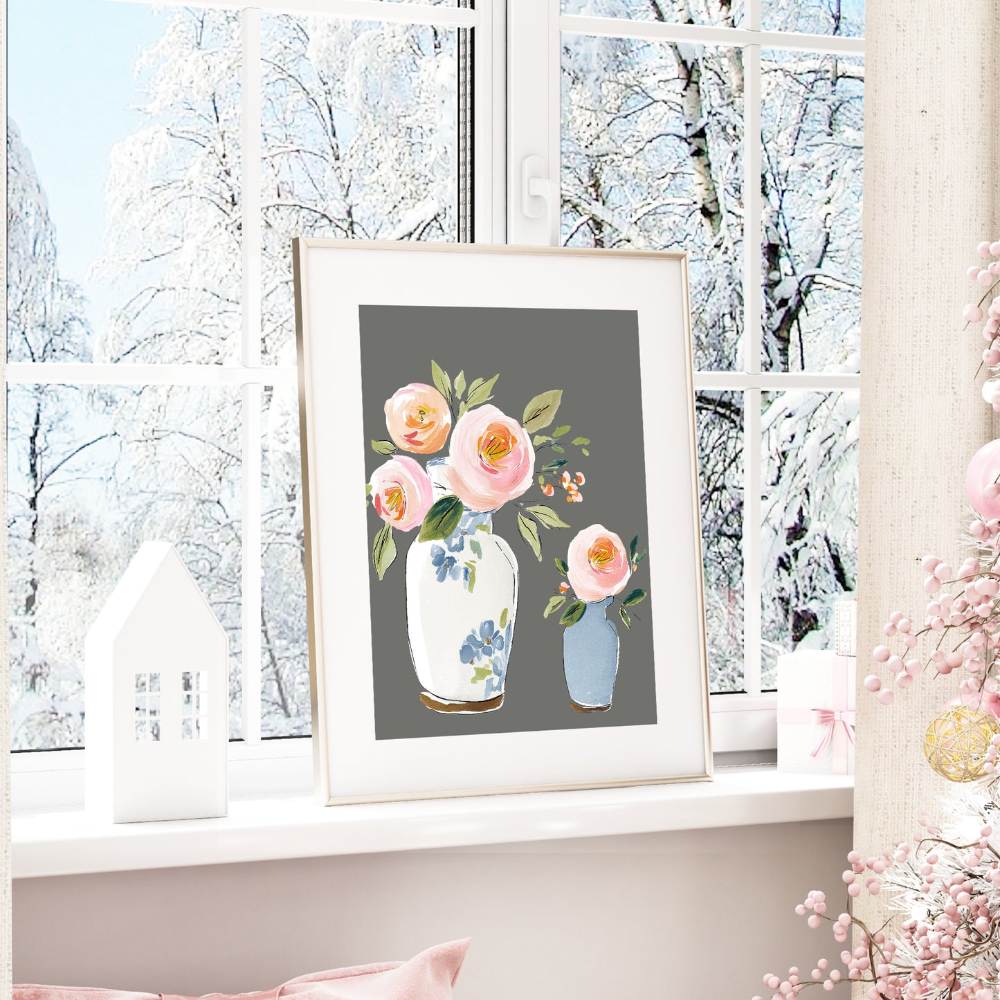 Flowers In Vases Print | Winter Floral Wall Art | Grey