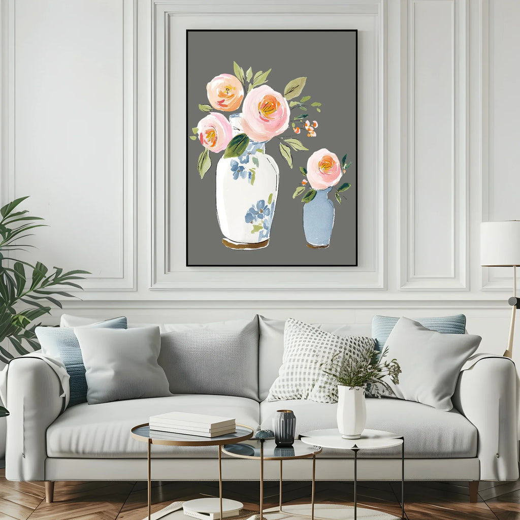 Flowers In Vases Print | Winter Floral Wall Art | Grey - Larosier Prints