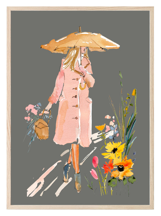 Winter Lady Print | Woman in Pink Coat Wall Art | Grey