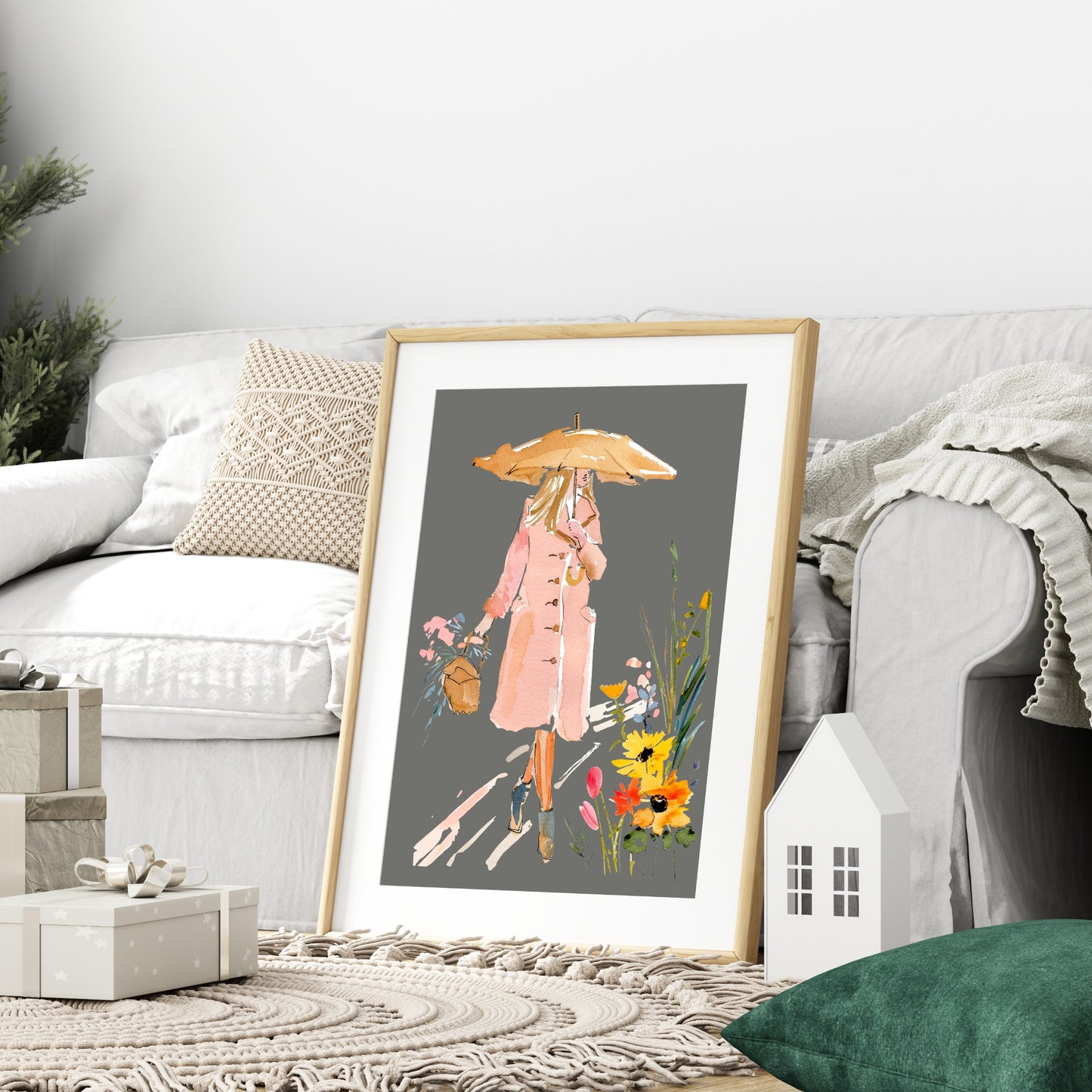 Winter Lady Print | Woman in Pink Coat Wall Art | Grey