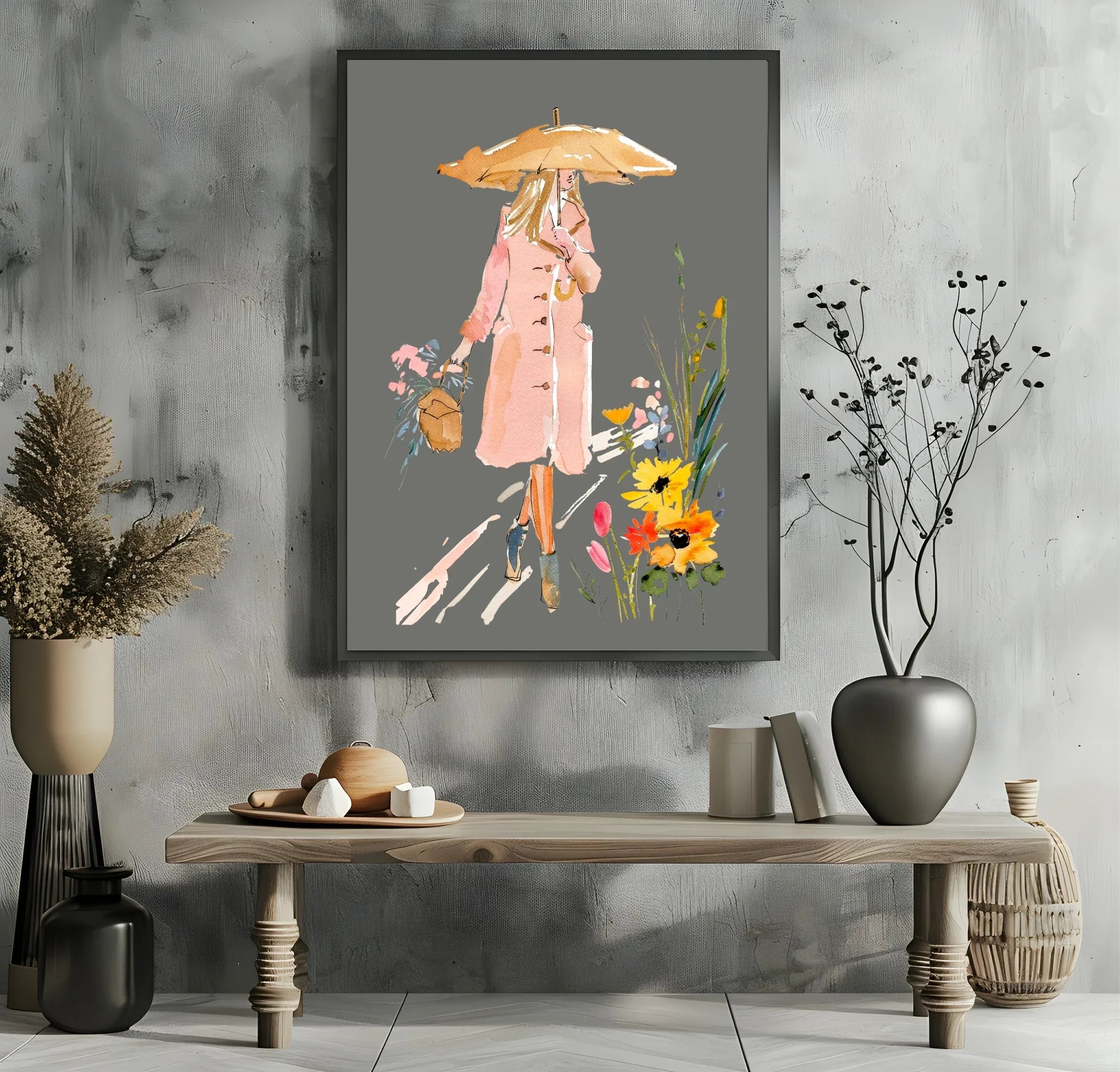 Winter Lady Print | Woman in Pink Coat Wall Art | Grey - Larosier Prints