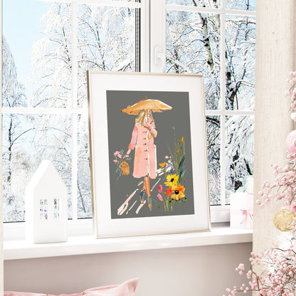 Winter Lady Print | Woman in Pink Coat Wall Art | Grey