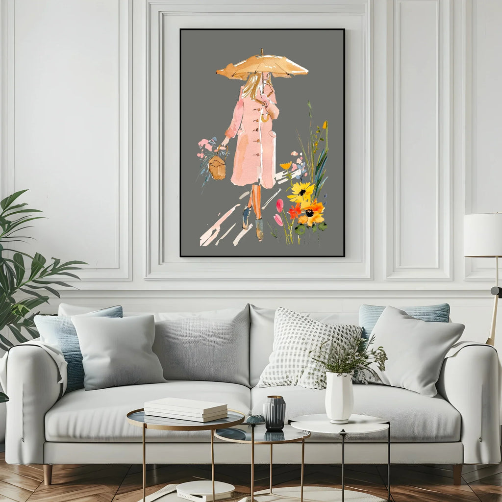 Winter Lady Print | Woman in Pink Coat Wall Art | Grey - Larosier Prints