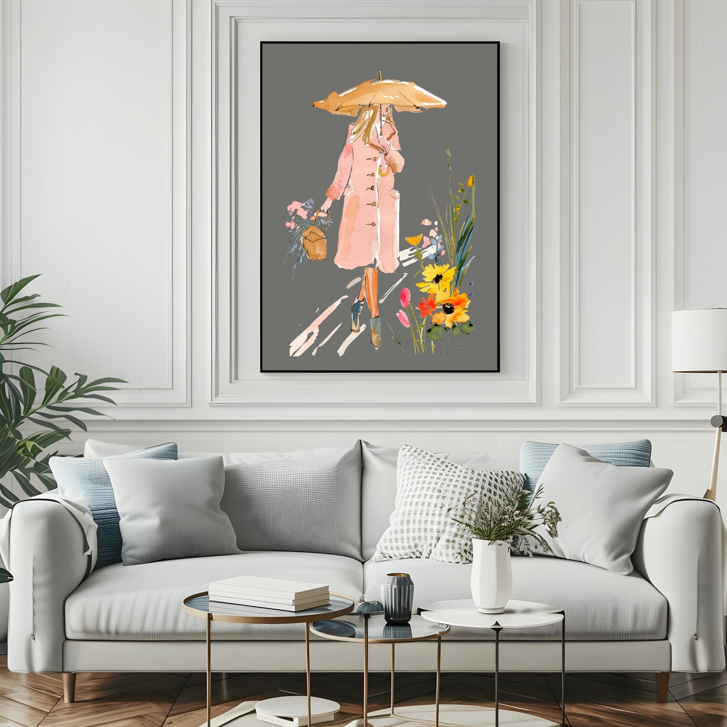 Winter Lady Print | Woman in Pink Coat Wall Art | Grey