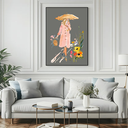 Winter Lady Print | Woman in Pink Coat Wall Art | Grey