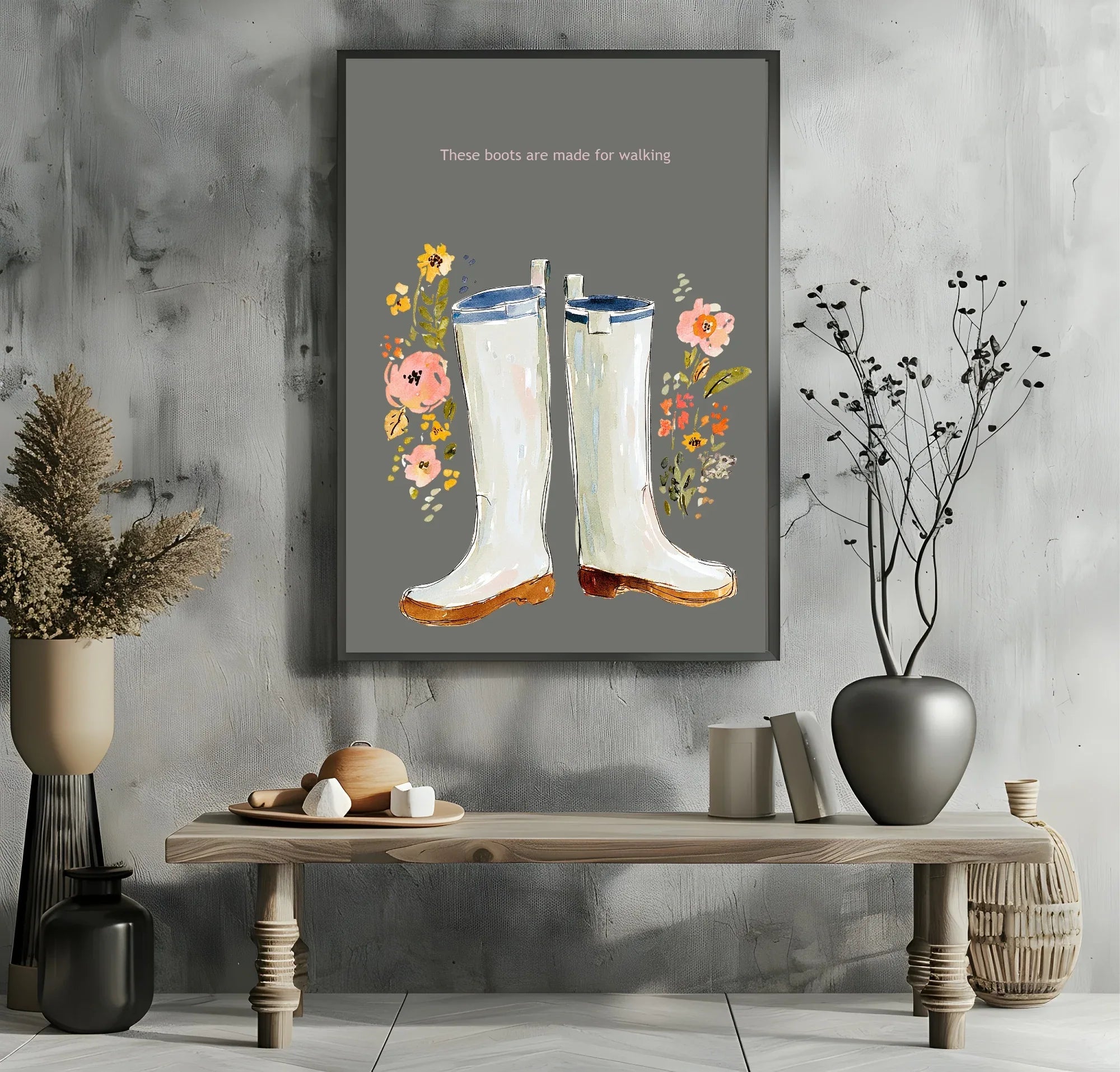Winter Boots Print | Floral Wall Art | Grey - Larosier Prints
