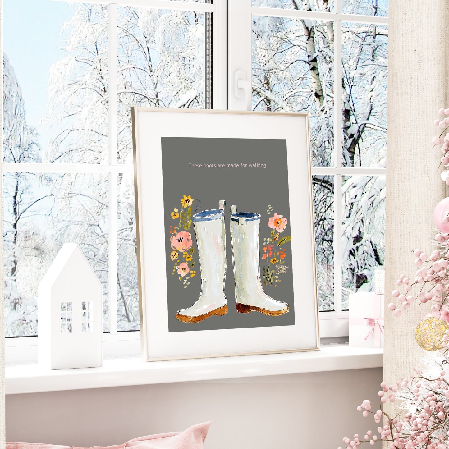 Winter Boots Print | Floral Wall Art | Grey