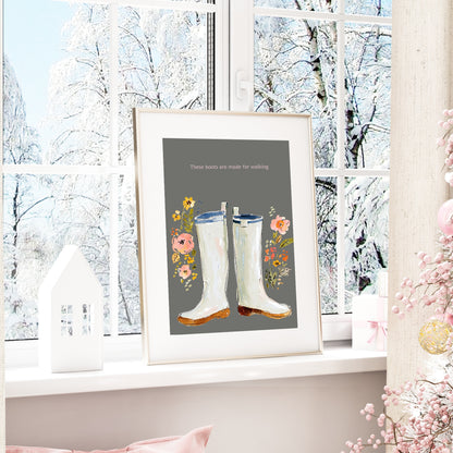 Winter Boots Print | Floral Wall Art | Grey