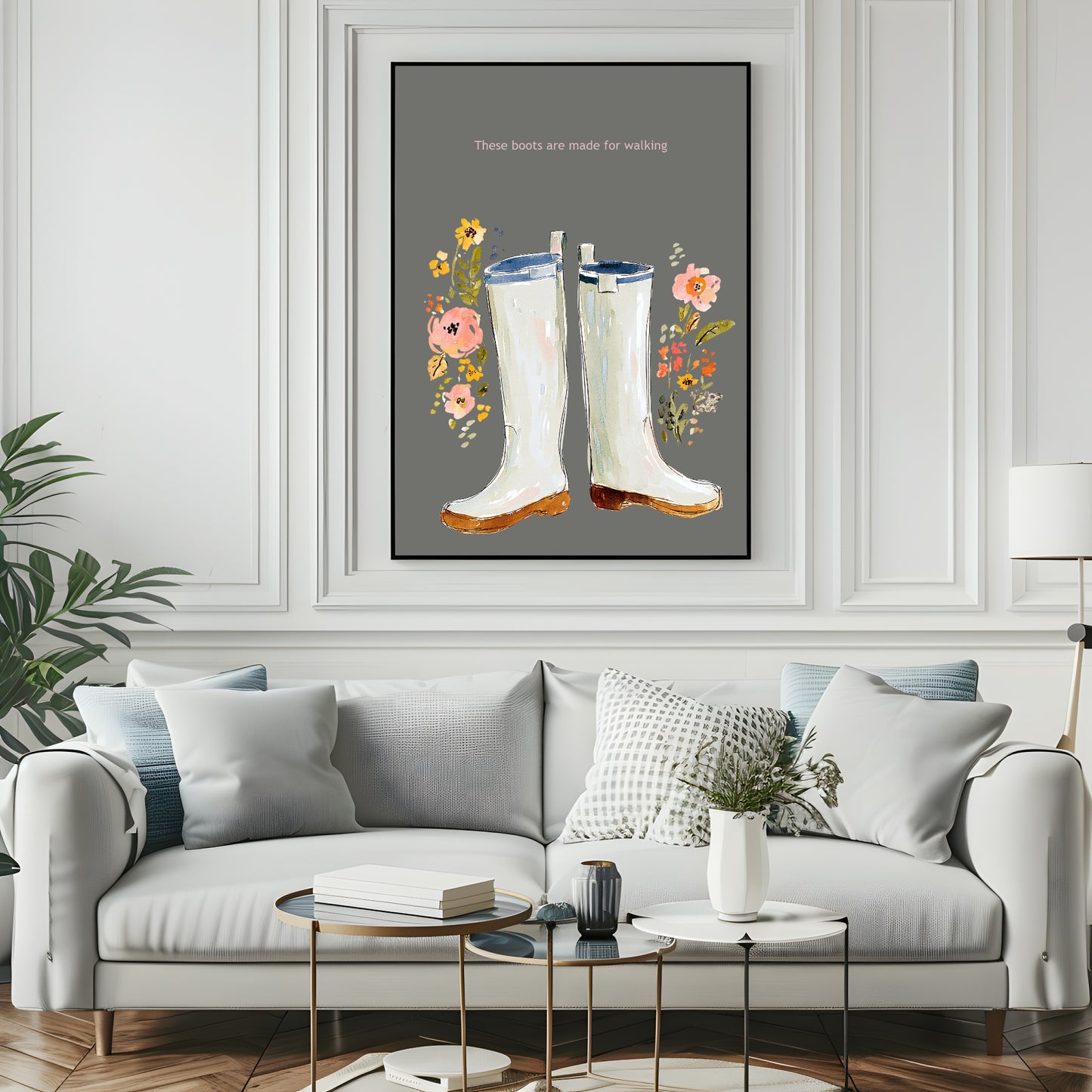 Winter Boots Print | Floral Wall Art | Grey
