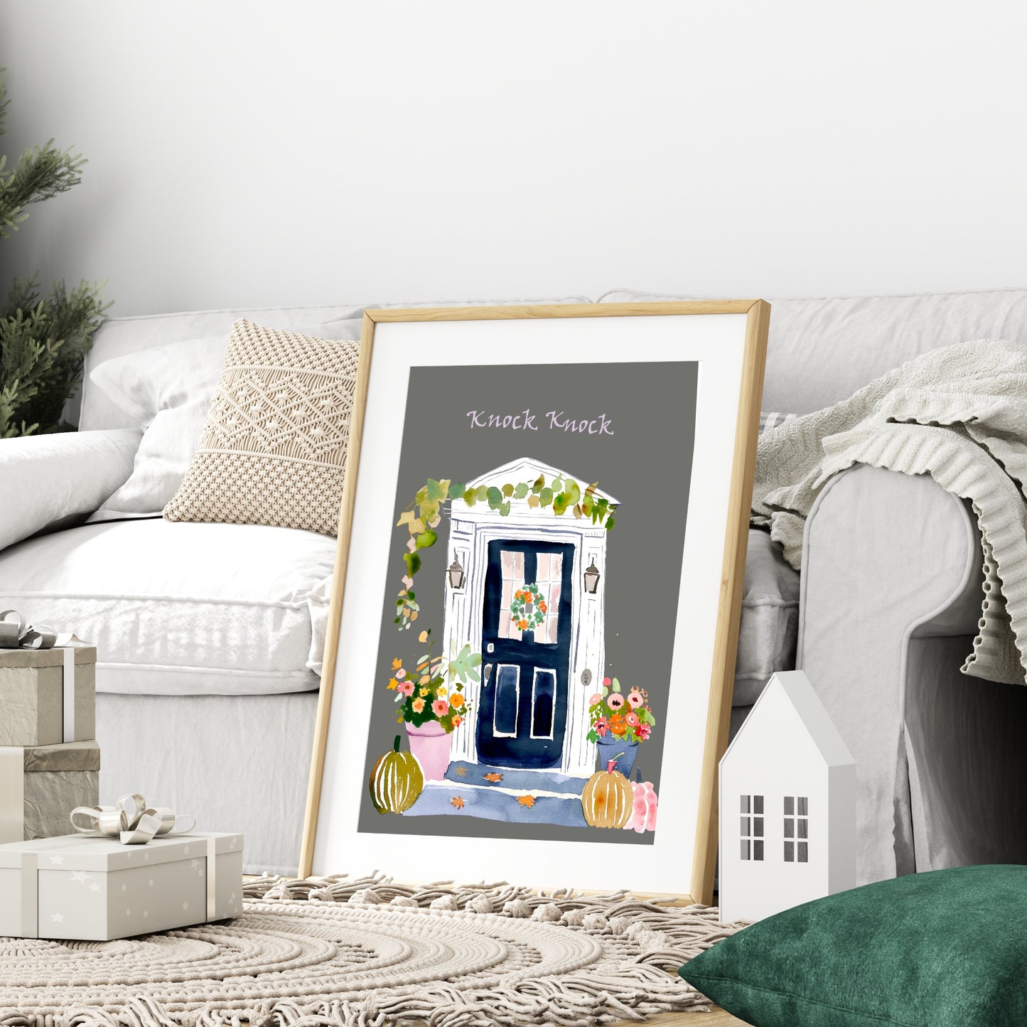 Winter Front Door Print | Floral Wall Art | Grey