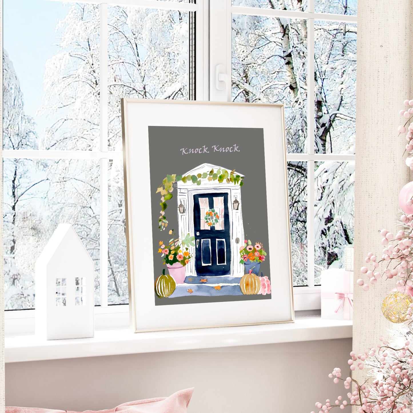 Winter Front Door Print | Floral Wall Art | Grey