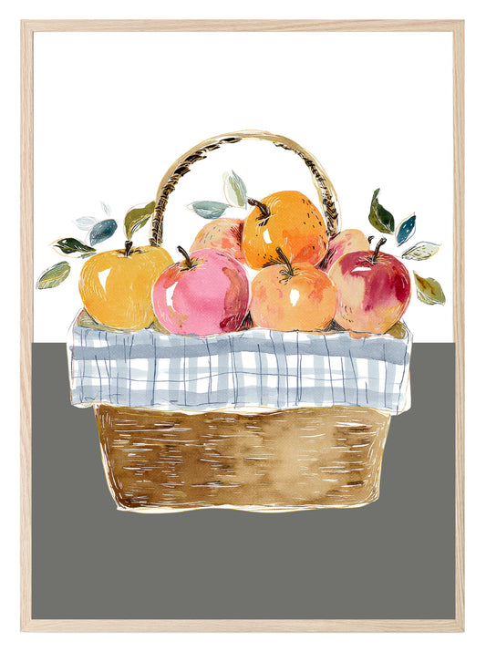 Winter Apples Print | Basket of Apples Wall Art | White & Grey