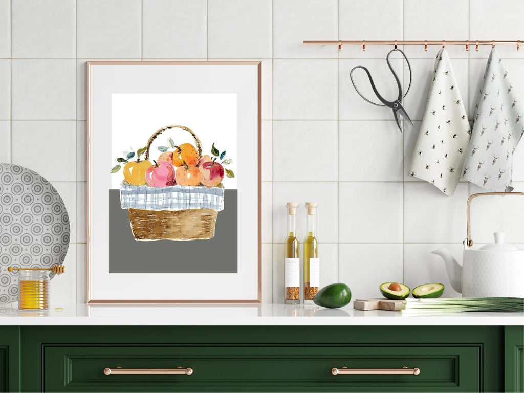 Winter Apples Print | Basket of Apples Wall Art | White & Grey - Larosier Prints