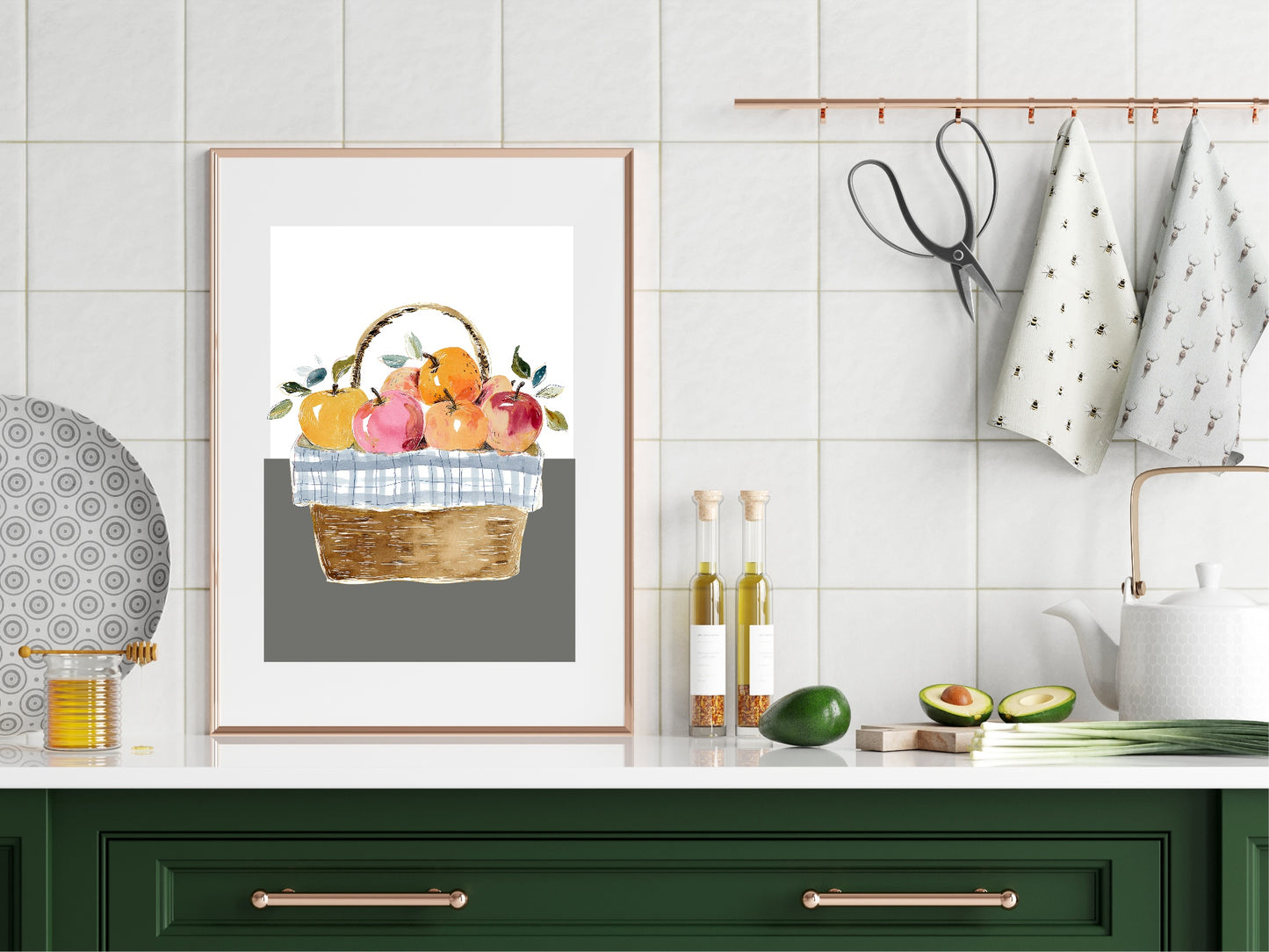 Winter Apples Print | Basket of Apples Wall Art | White & Grey