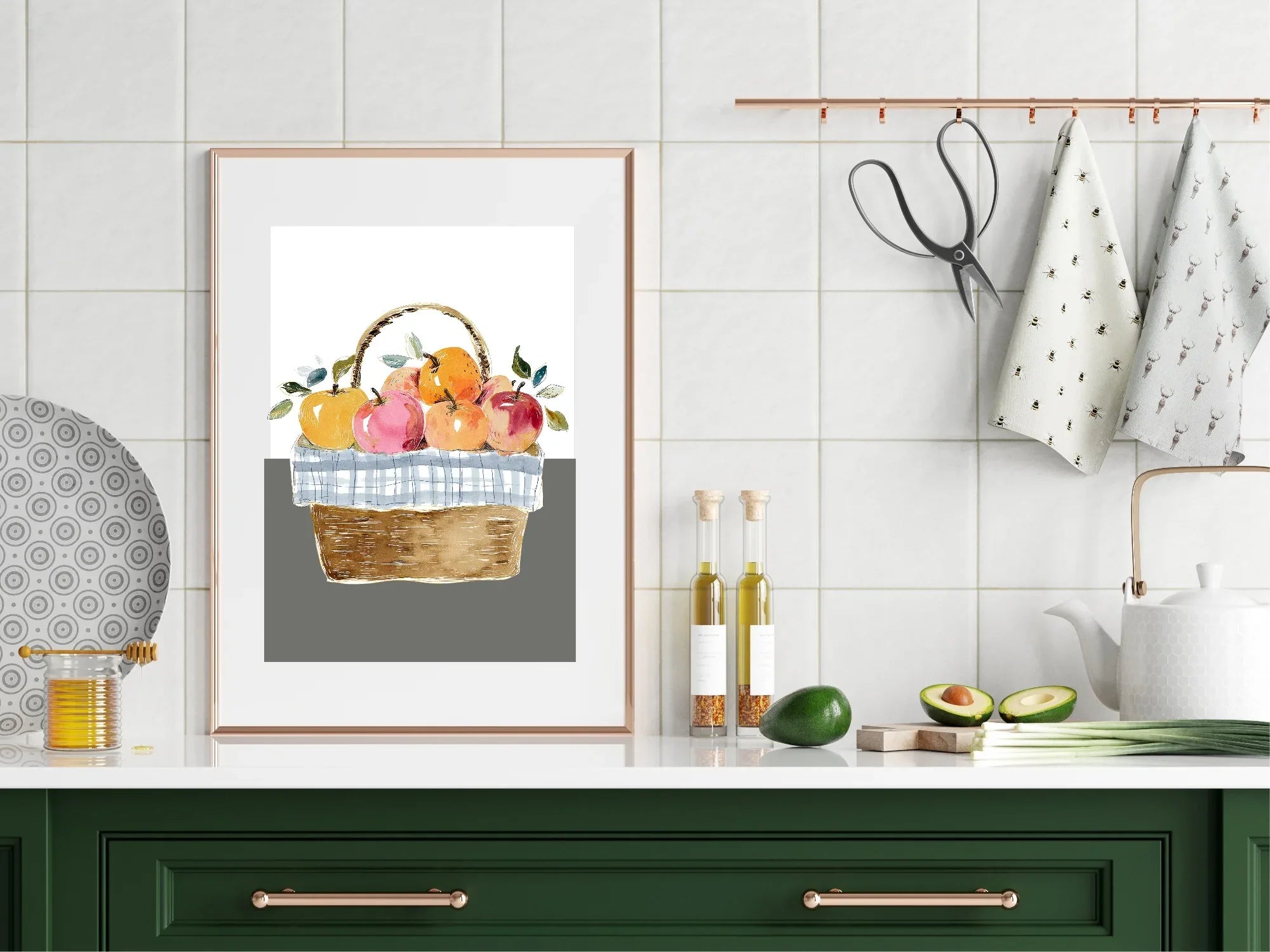 Winter Apples Print | Basket of Apples Wall Art | White & Grey - Larosier Prints