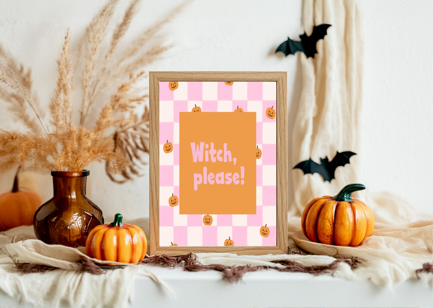 Witch, Please Print | Halloween Wall Art | Pumpkin Pattern | Pink & White Checkered