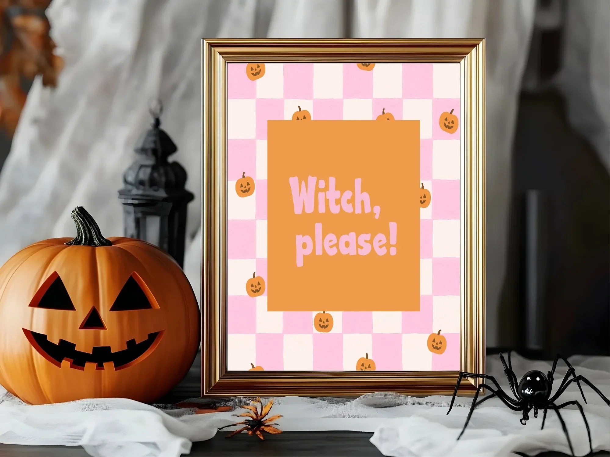 Witch, Please Print | Halloween Wall Art | Pumpkin Pattern | Pink & White Checkered - Larosier Prints