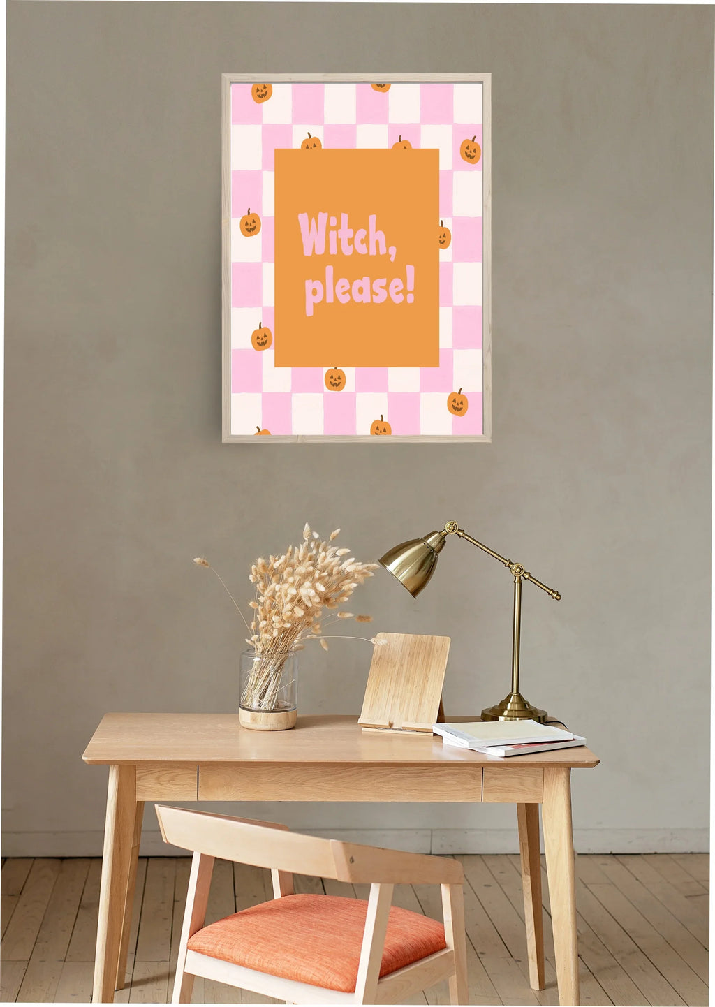 Witch, Please Print | Halloween Wall Art | Pumpkin Pattern | Pink & White Checkered - Larosier Prints