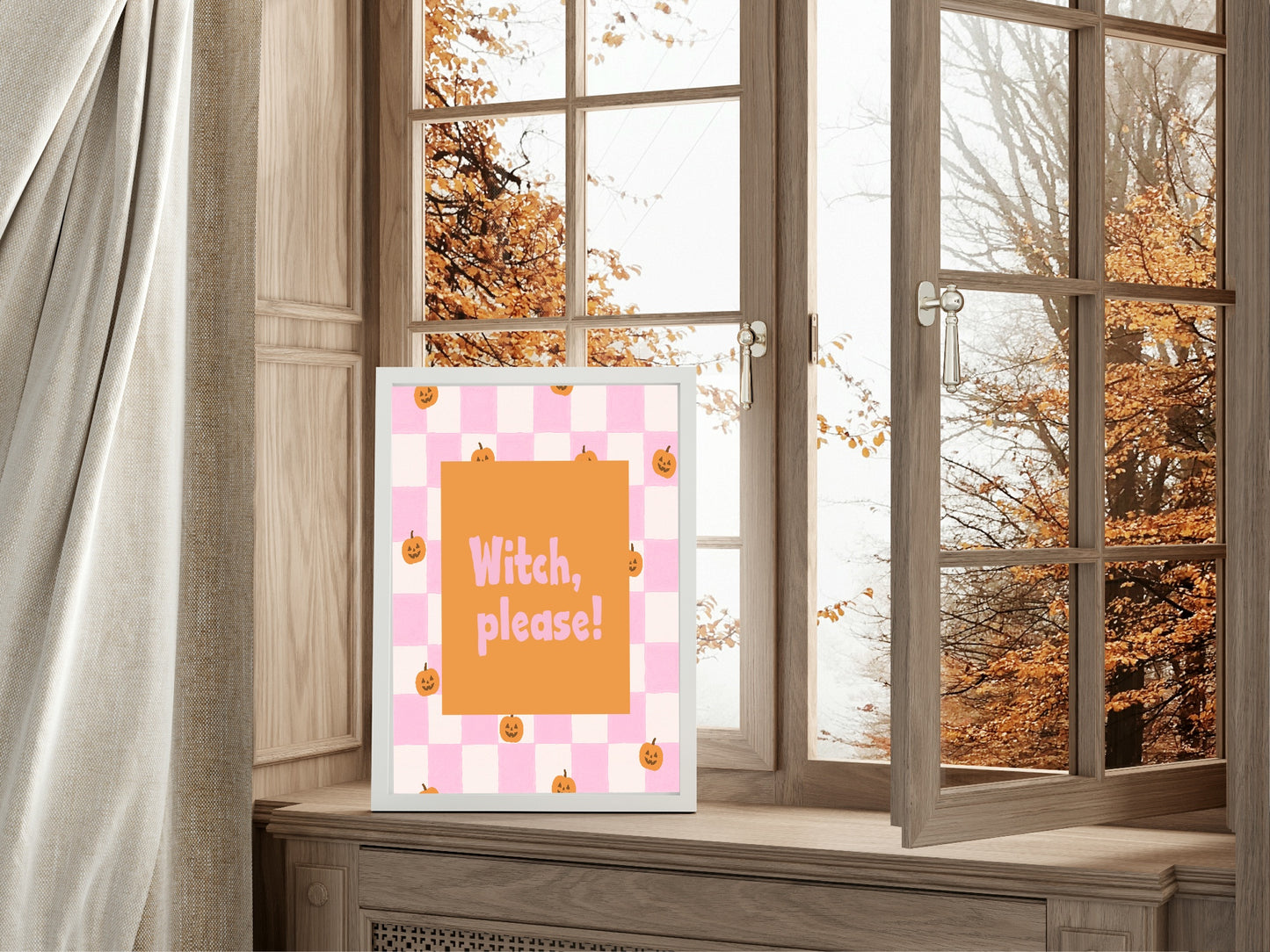 Witch, Please Print | Halloween Wall Art | Pumpkin Pattern | Pink & White Checkered