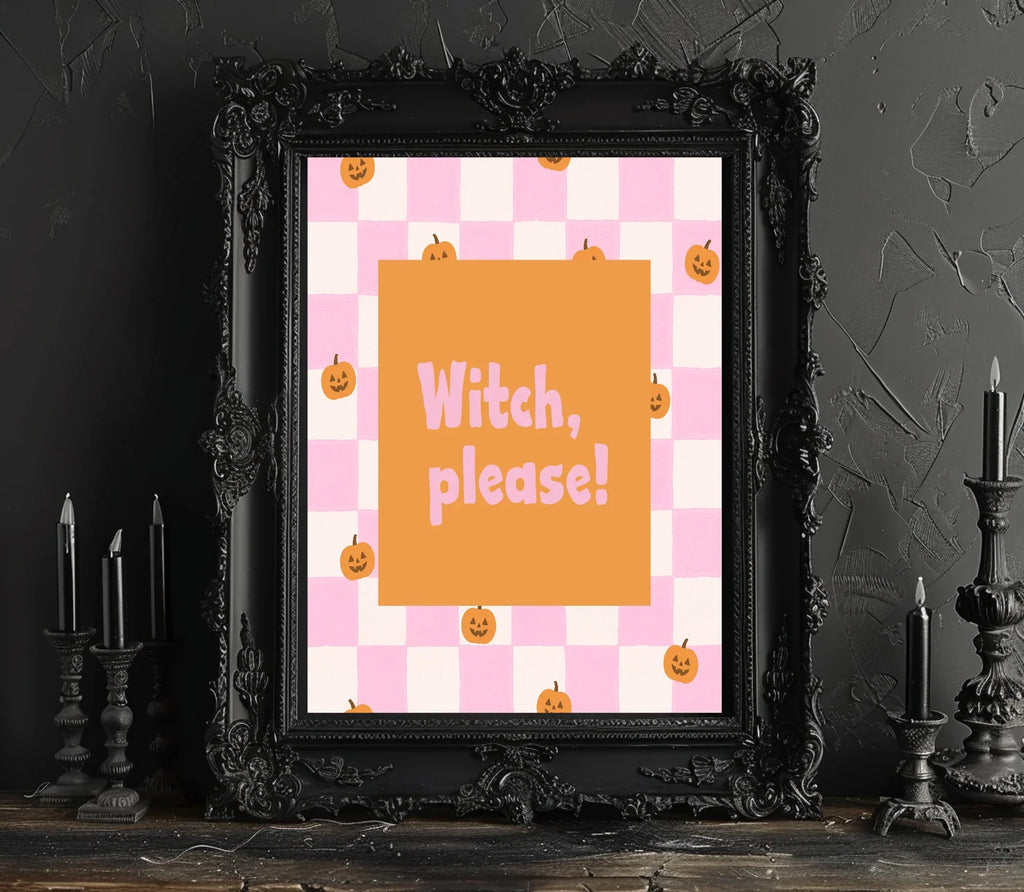 Witch, Please Print | Halloween Wall Art | Pumpkin Pattern | Pink & White Checkered - Larosier Prints