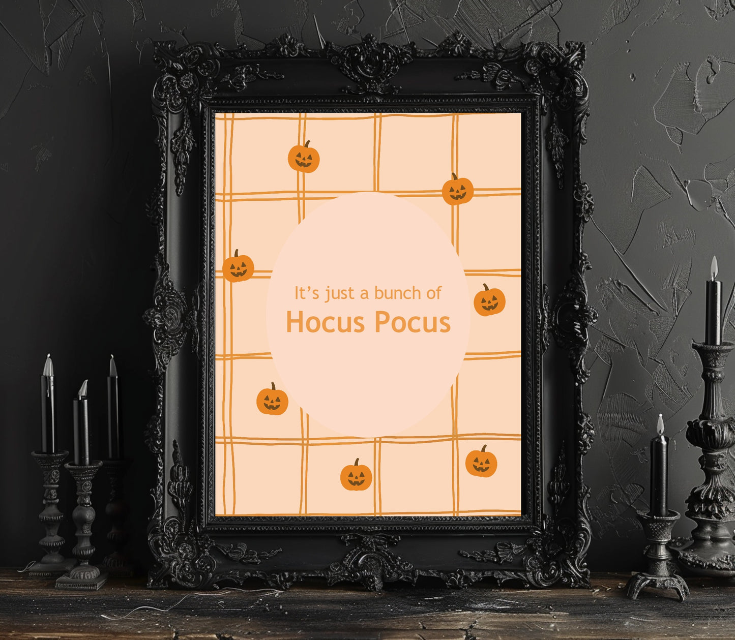 It’s Just a Bunch of Hocus Pocus Print | Halloween Wall Art | Orange Checkered Pumpkin Pattern