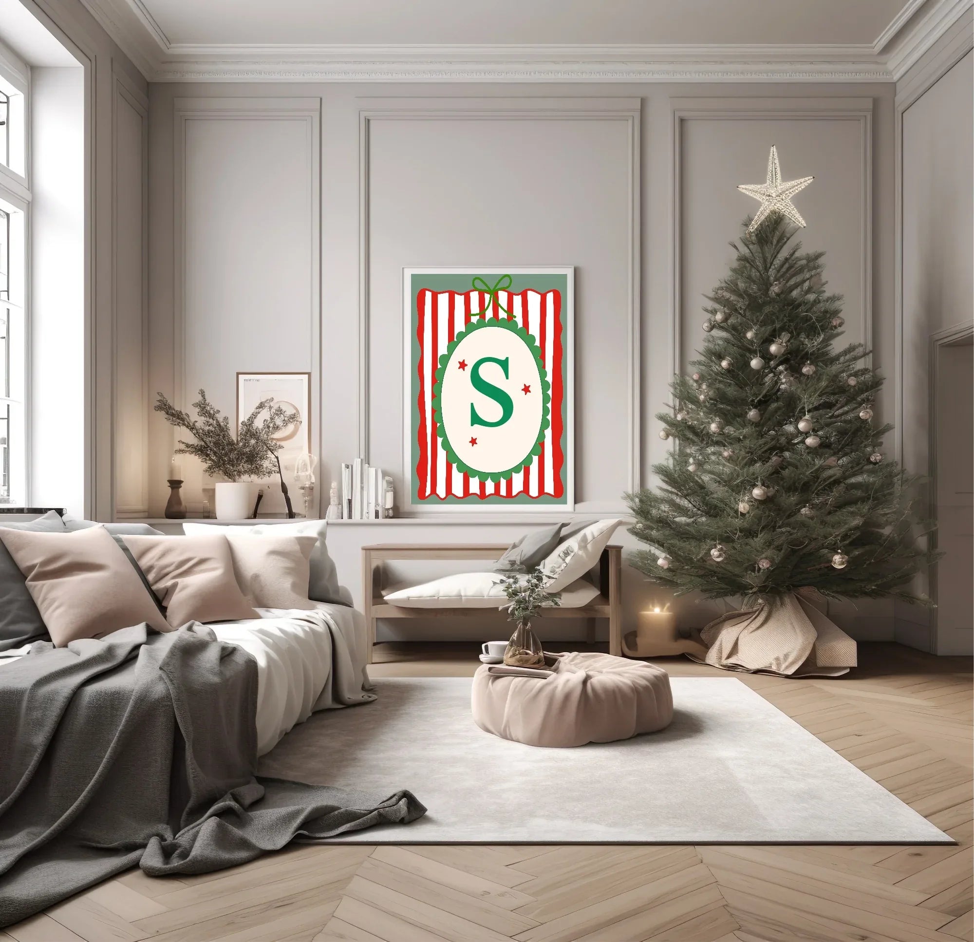 Personalised Christmas Initial Print | Striped Wall Art - Larosier Prints