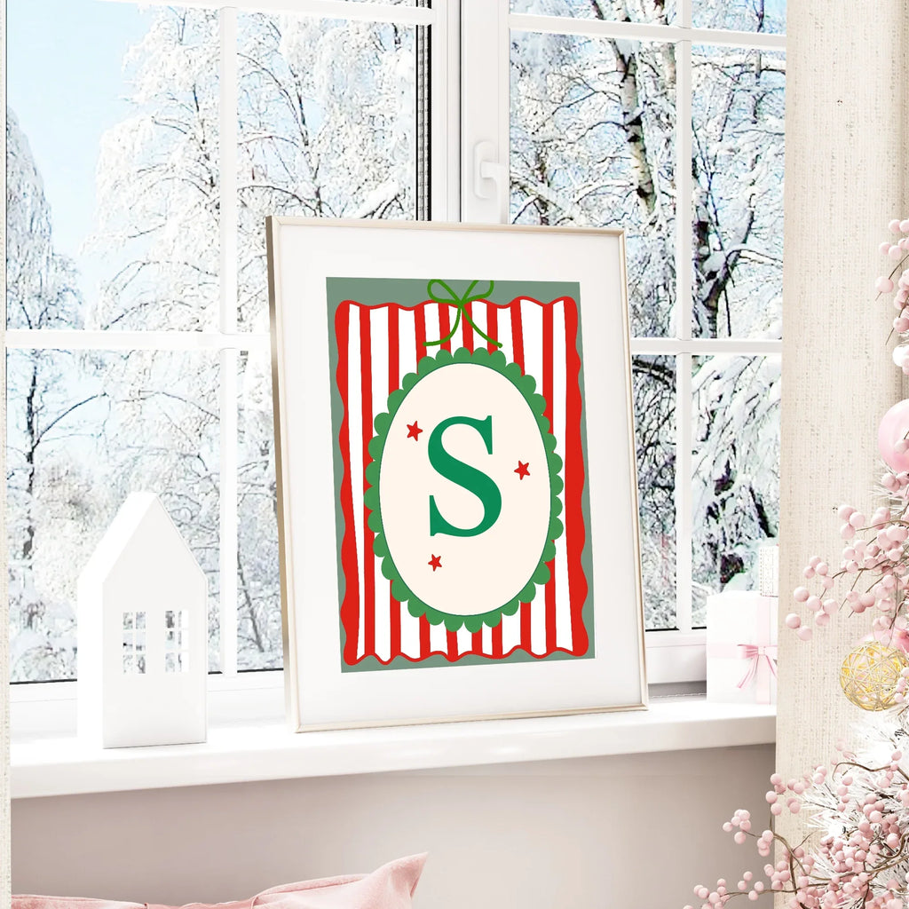 Personalised Christmas Initial Print | Striped Wall Art - Larosier Prints