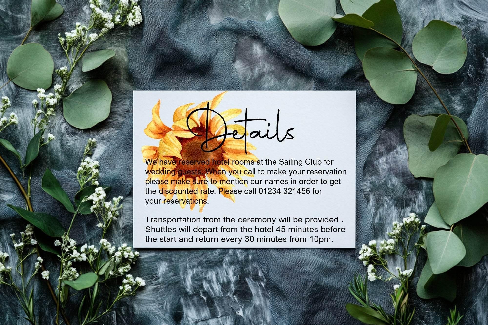 Sunflower Wedding Invitations Enclosure Cards | Pack of 10 | A6 - Larosier Prints