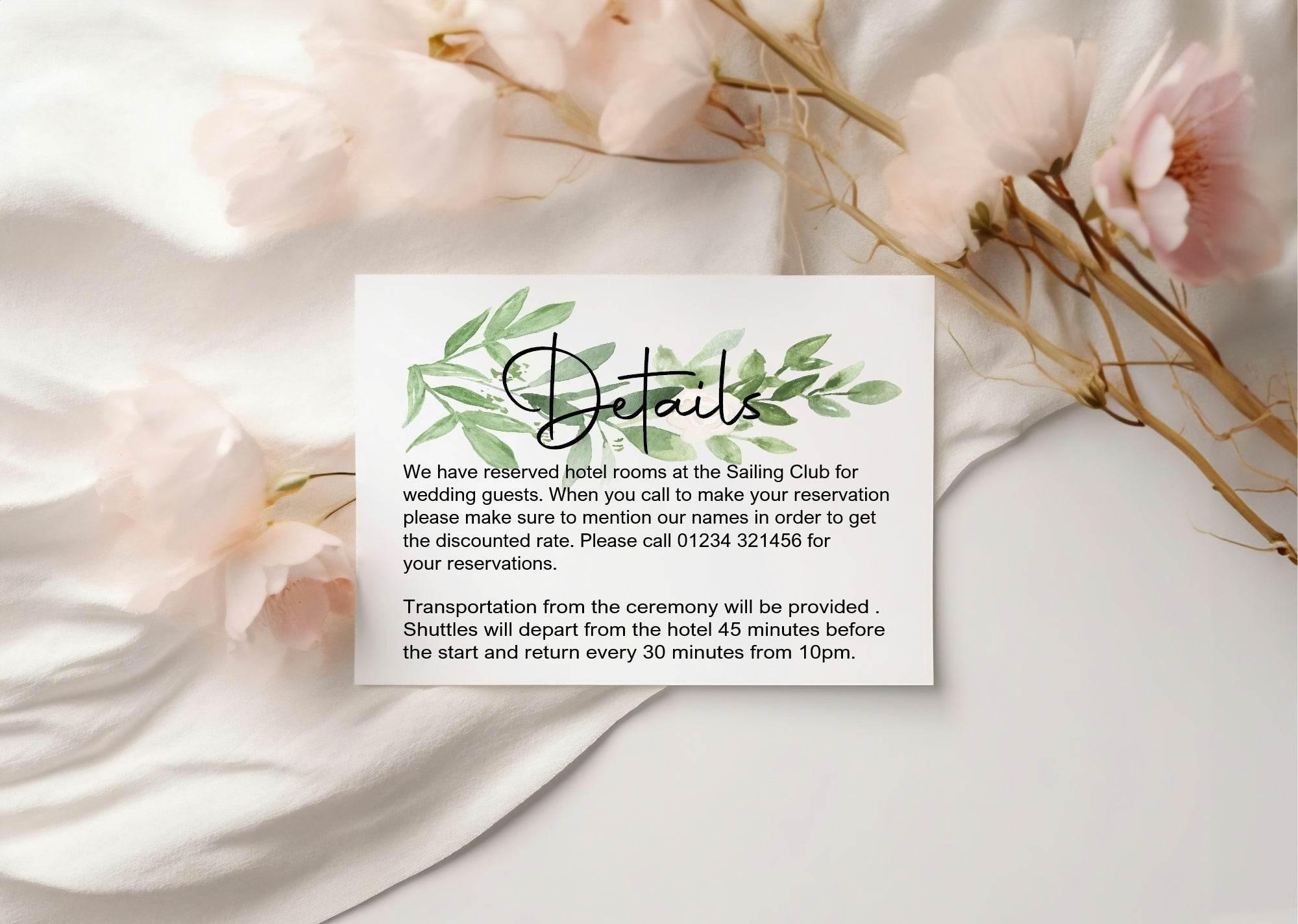 Green & White Rose Wedding Invitations Enclosure Cards | Pack of 10 | A6 - Larosier Prints