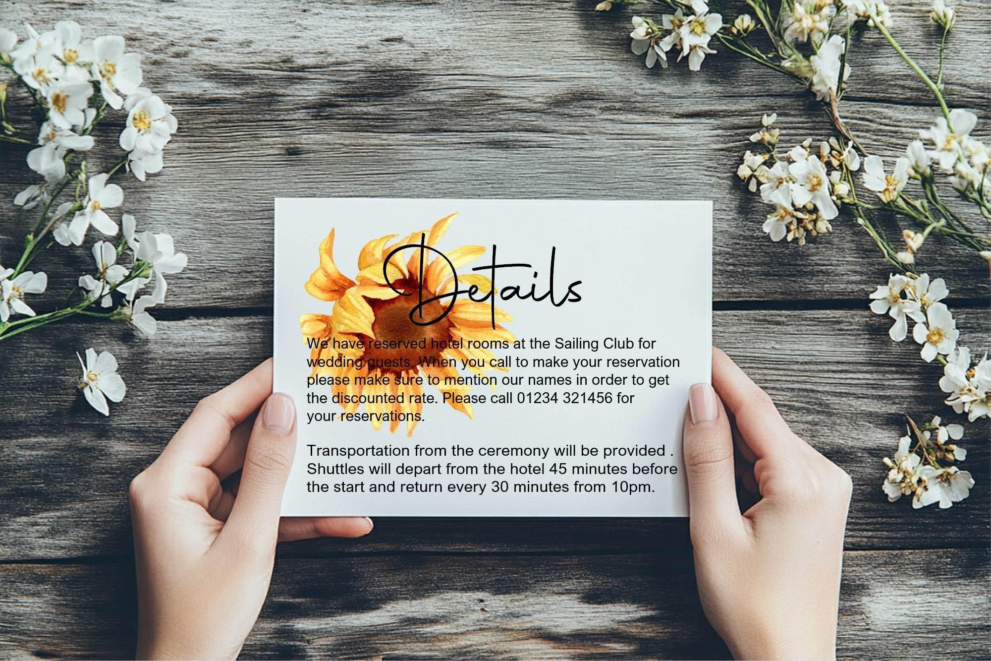 Sunflower Wedding Invitations Enclosure Cards | Pack of 10 | A6 - Larosier Prints