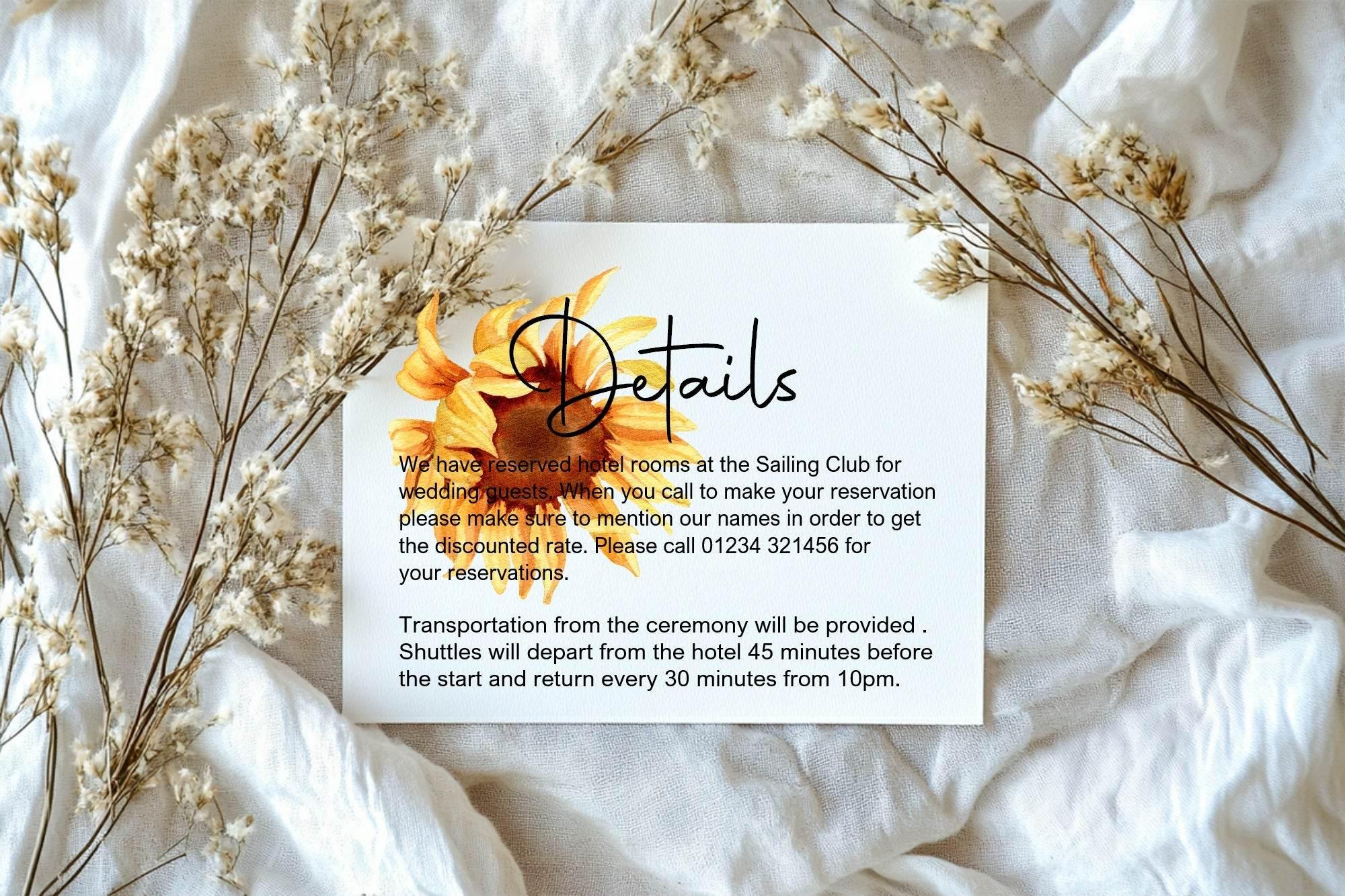 Sunflower Wedding Invitations Enclosure Cards | Pack of 10 | A6 - Larosier Prints