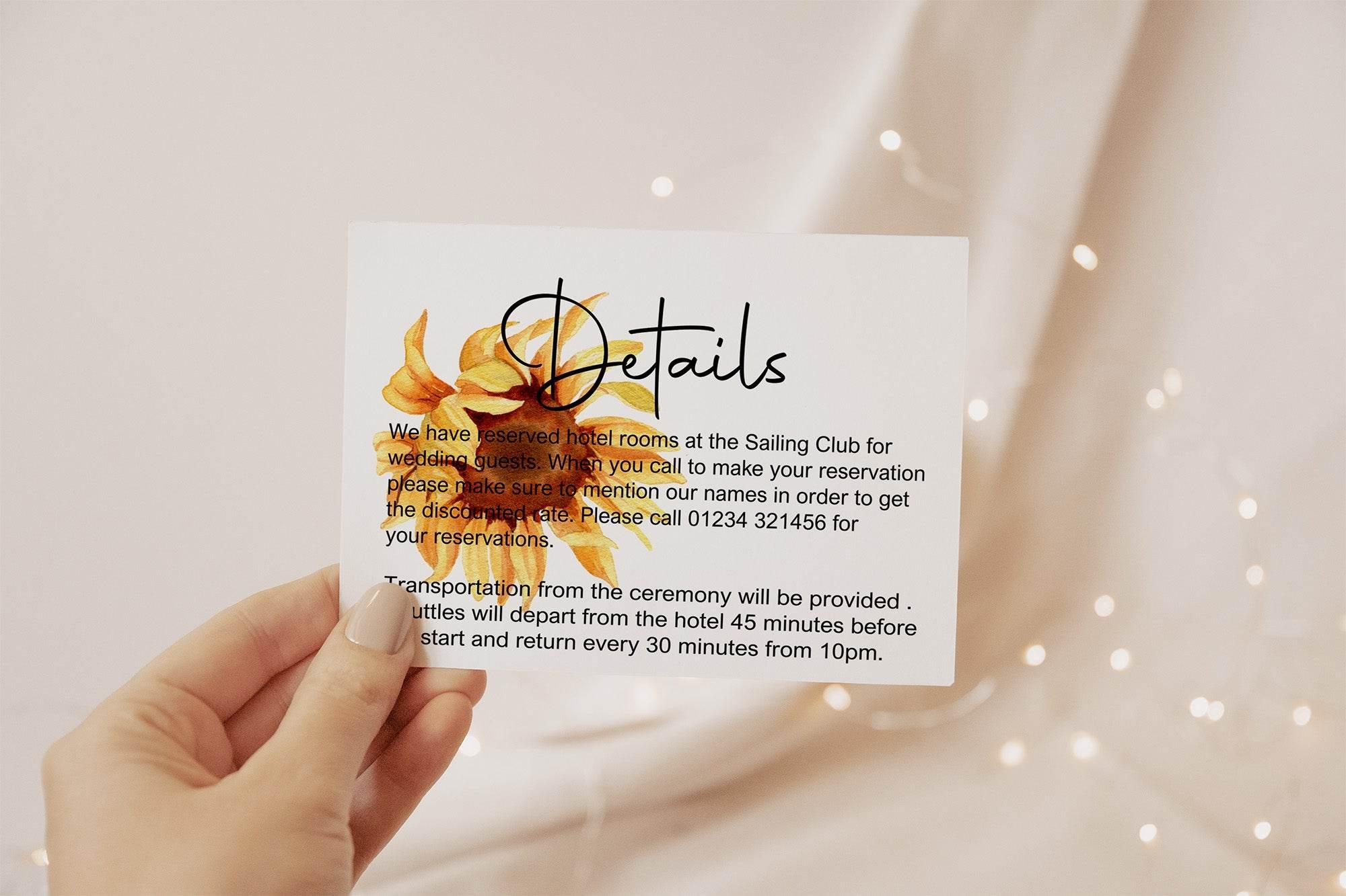 Sunflower Wedding Invitations Enclosure Cards | Pack of 10 | A6 - Larosier Prints