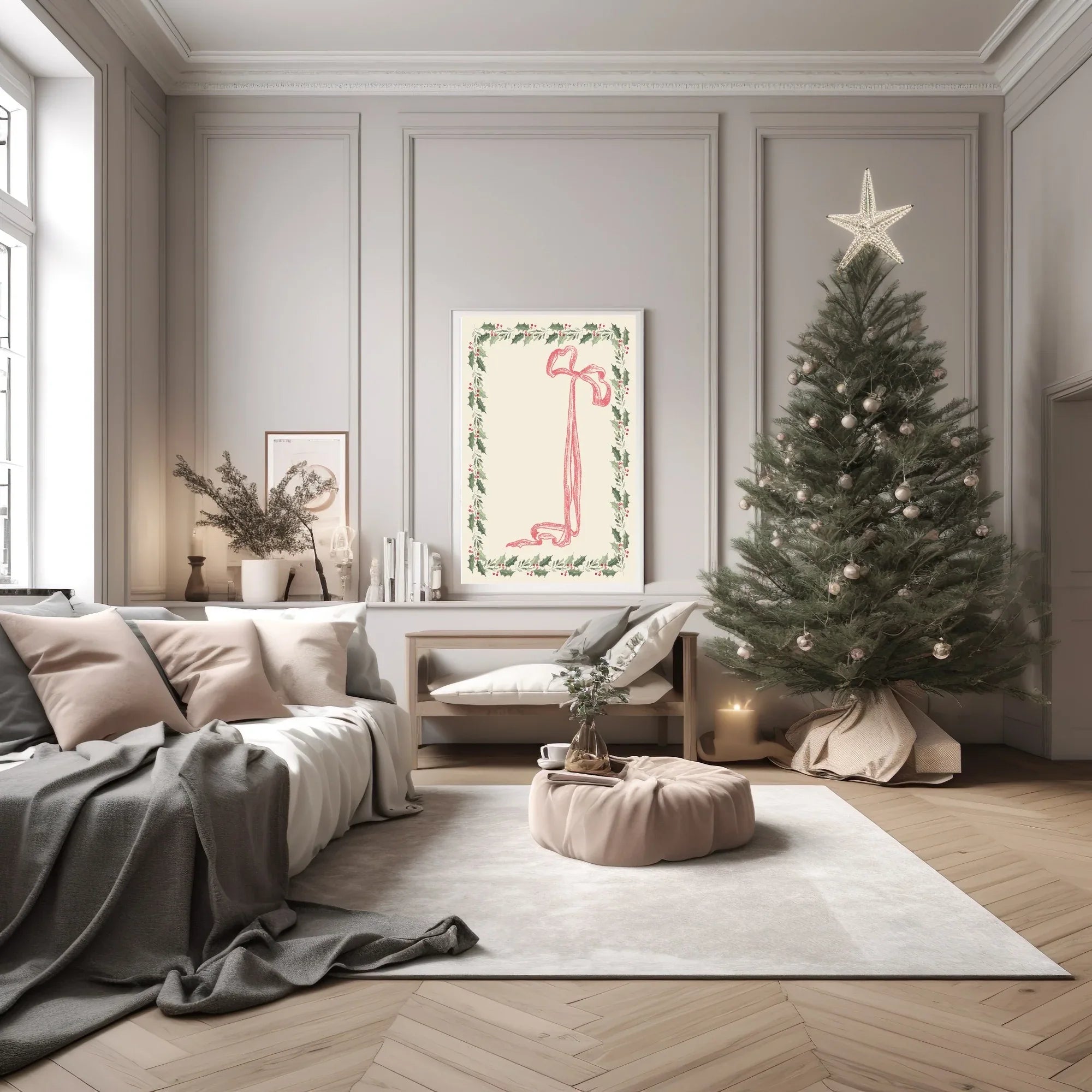 Bow & Holly Print | Christmas Wall Art - Larosier Prints