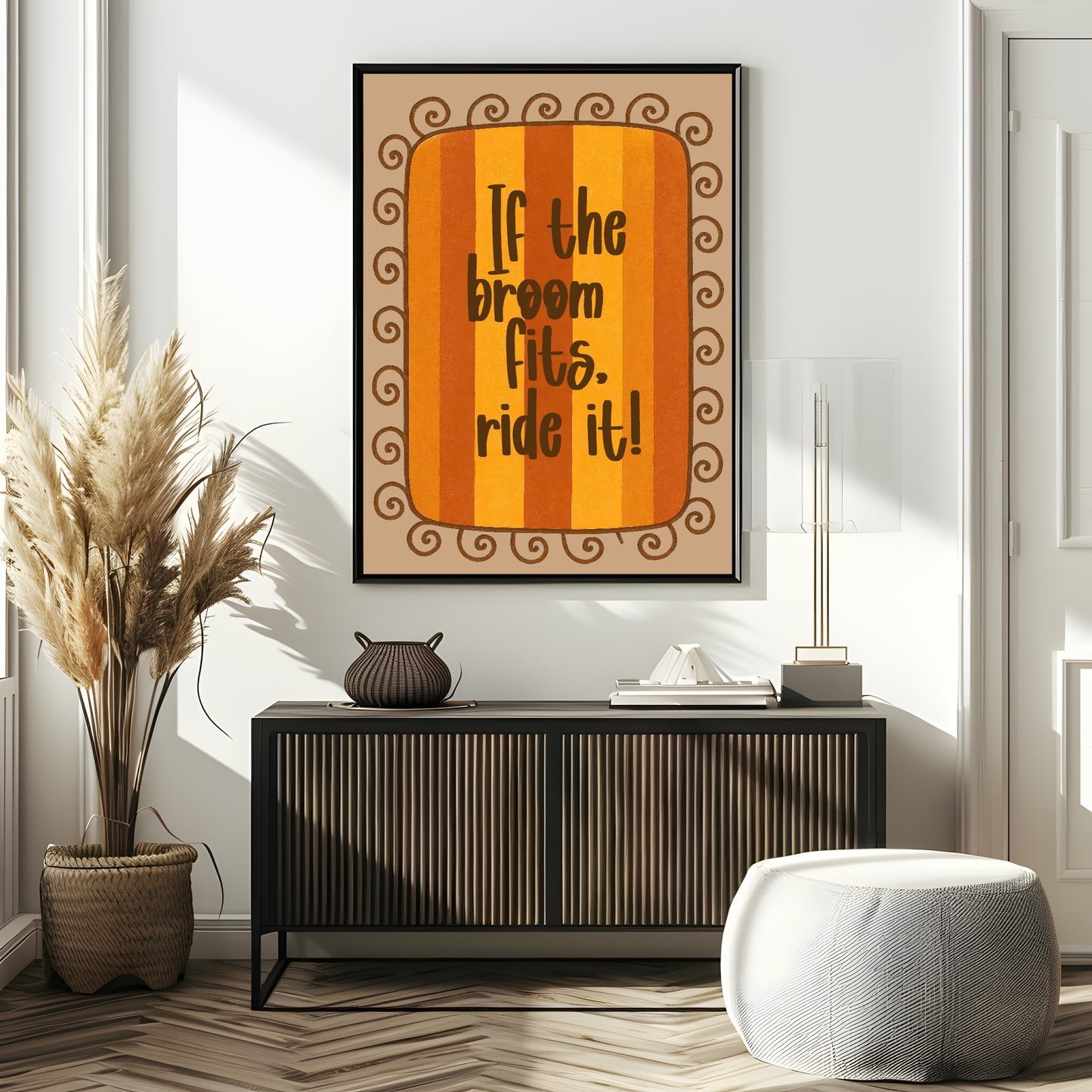 If The Broom Fits, Ride It Print | Orange Stripes | Fun Halloween Wall Art