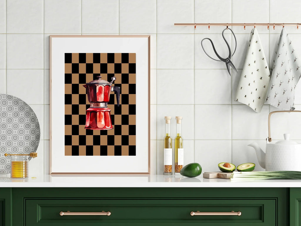Checkerboard Coffee percolator Print | Autumnal Kitchen Wall Art - Larosier Prints