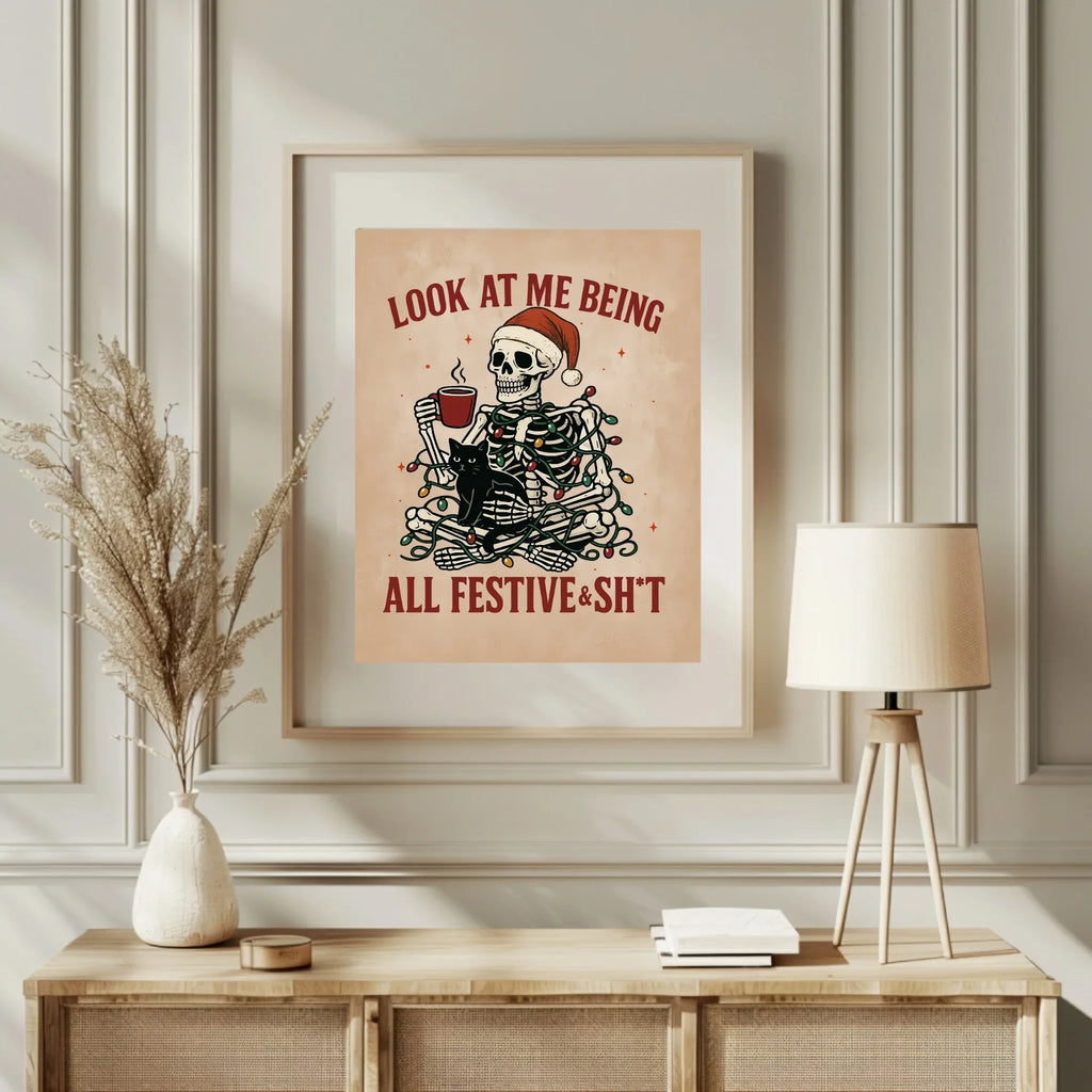 Festive Skeleton Print | Funny Gothic Wall Art - Larosier Prints